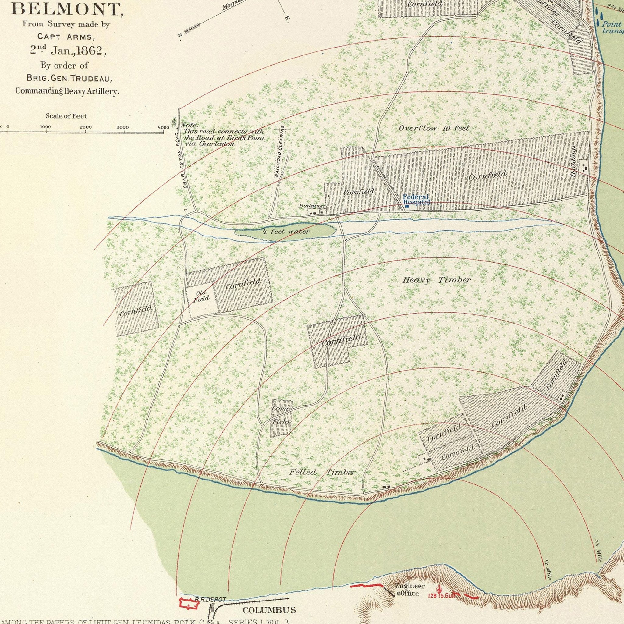 Charleston Defenses, Belmont Battlefield - Muir Way - Vintage Map