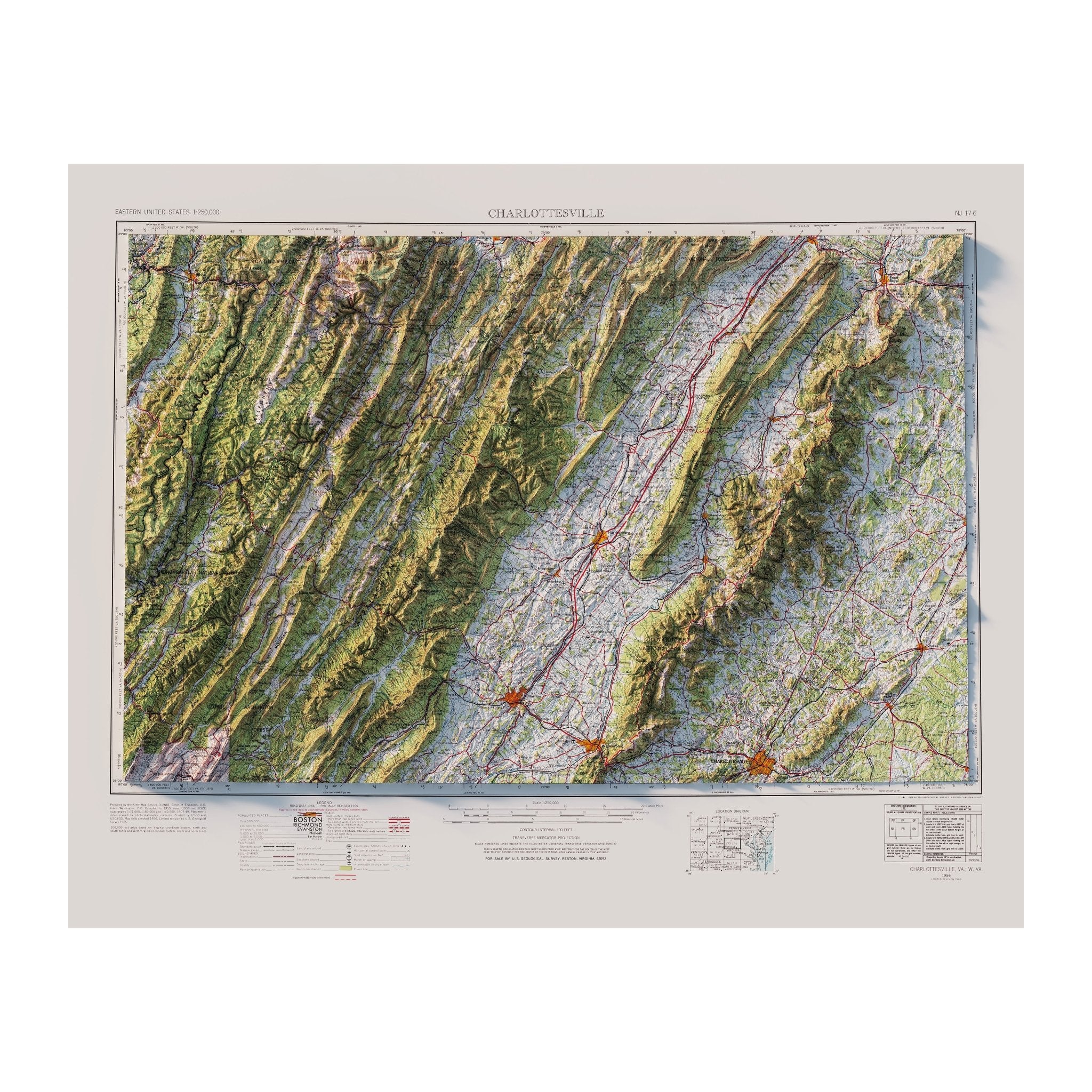 Charlottesville, VA 1965 Shaded Relief Map - Muir Way - Vintage Relief
