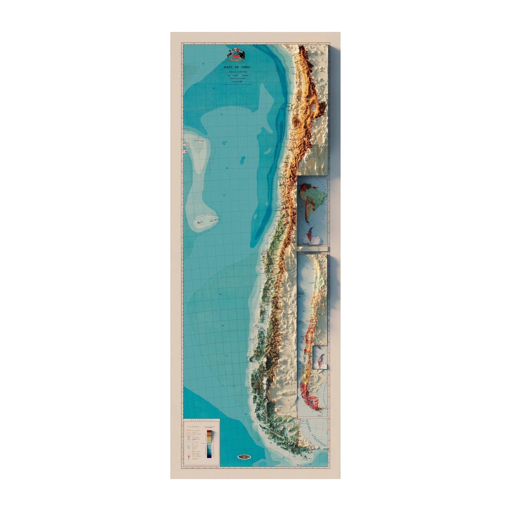 Chile 1968 Shaded Relief Map - Muir Way - Vintage Relief
