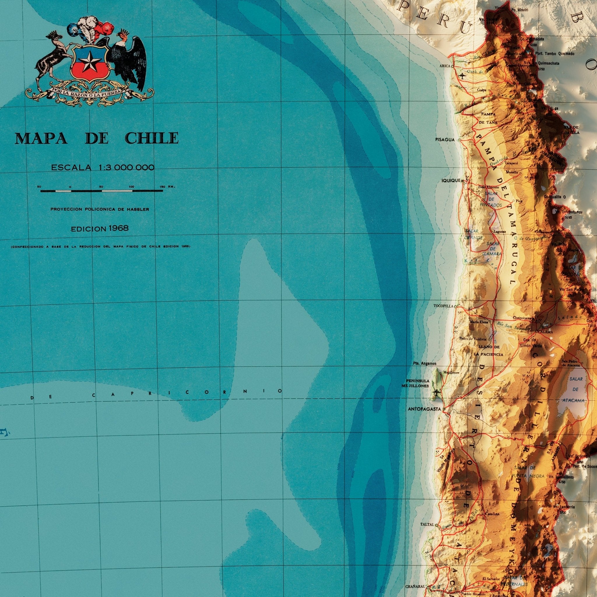 Chile 1968 Shaded Relief Map - Muir Way - Vintage Relief