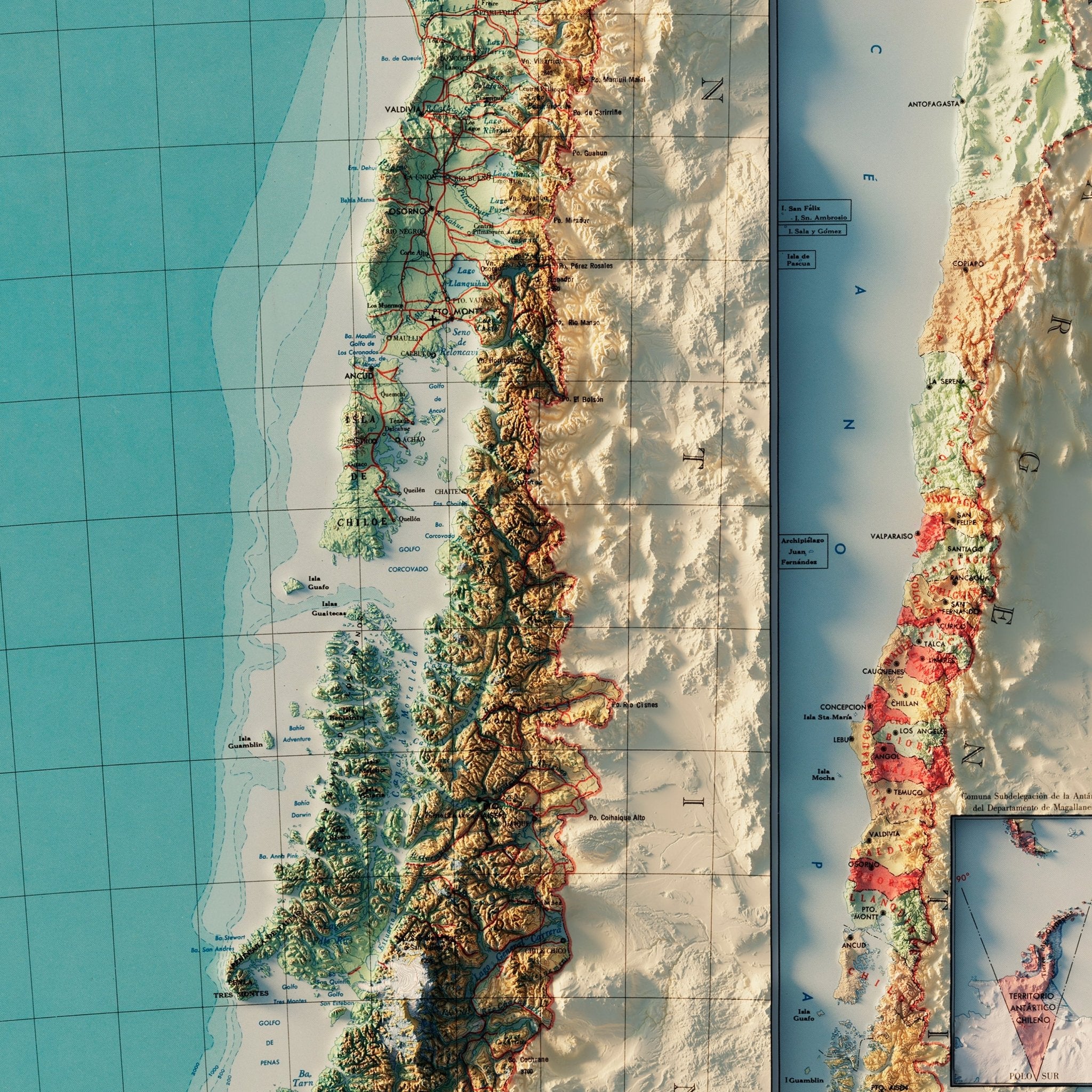 Chile 1968 Shaded Relief Map - Muir Way - Vintage Relief