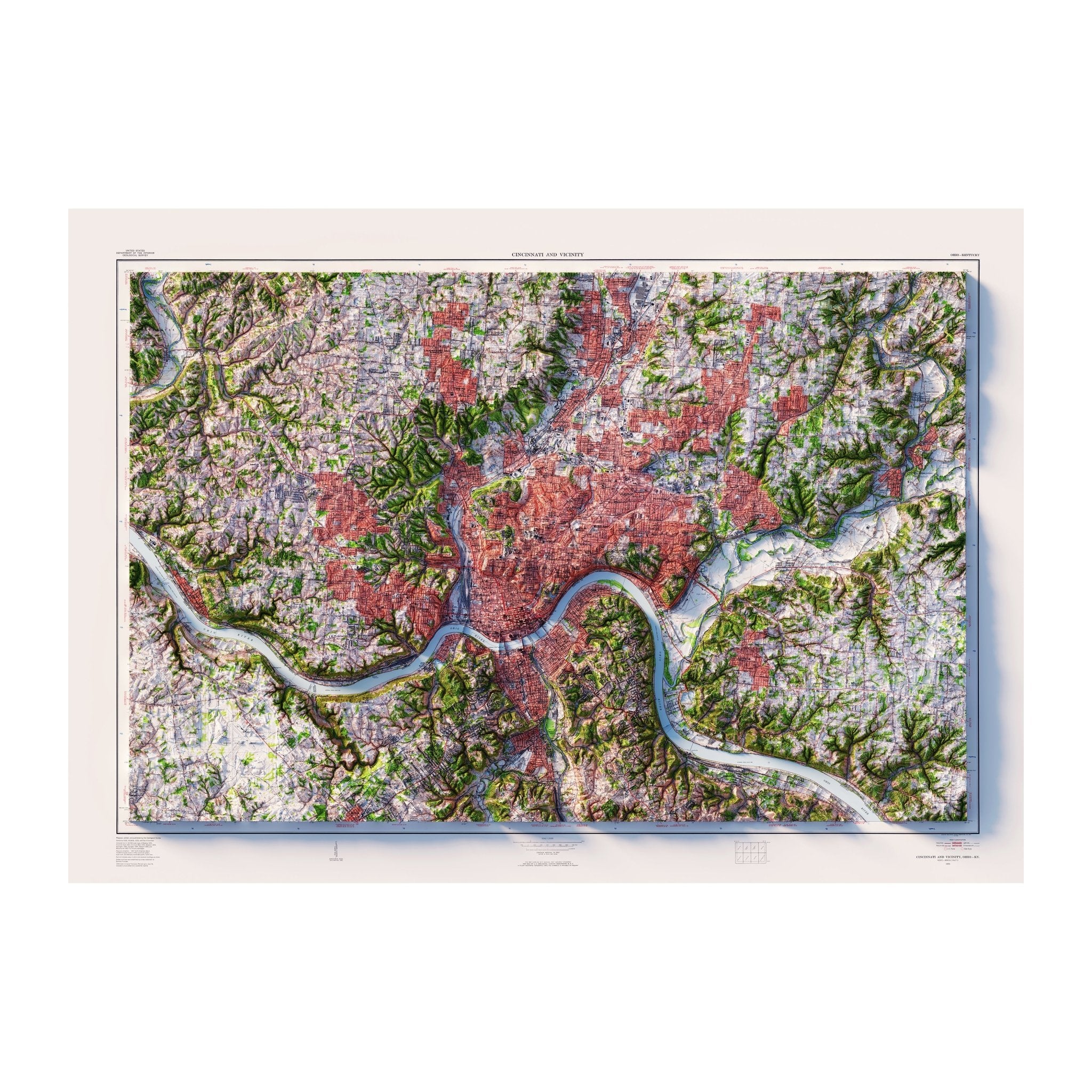 Cincinnati, Ohio 1955 Shaded Relief Map - Muir Way - Vintage Relief
