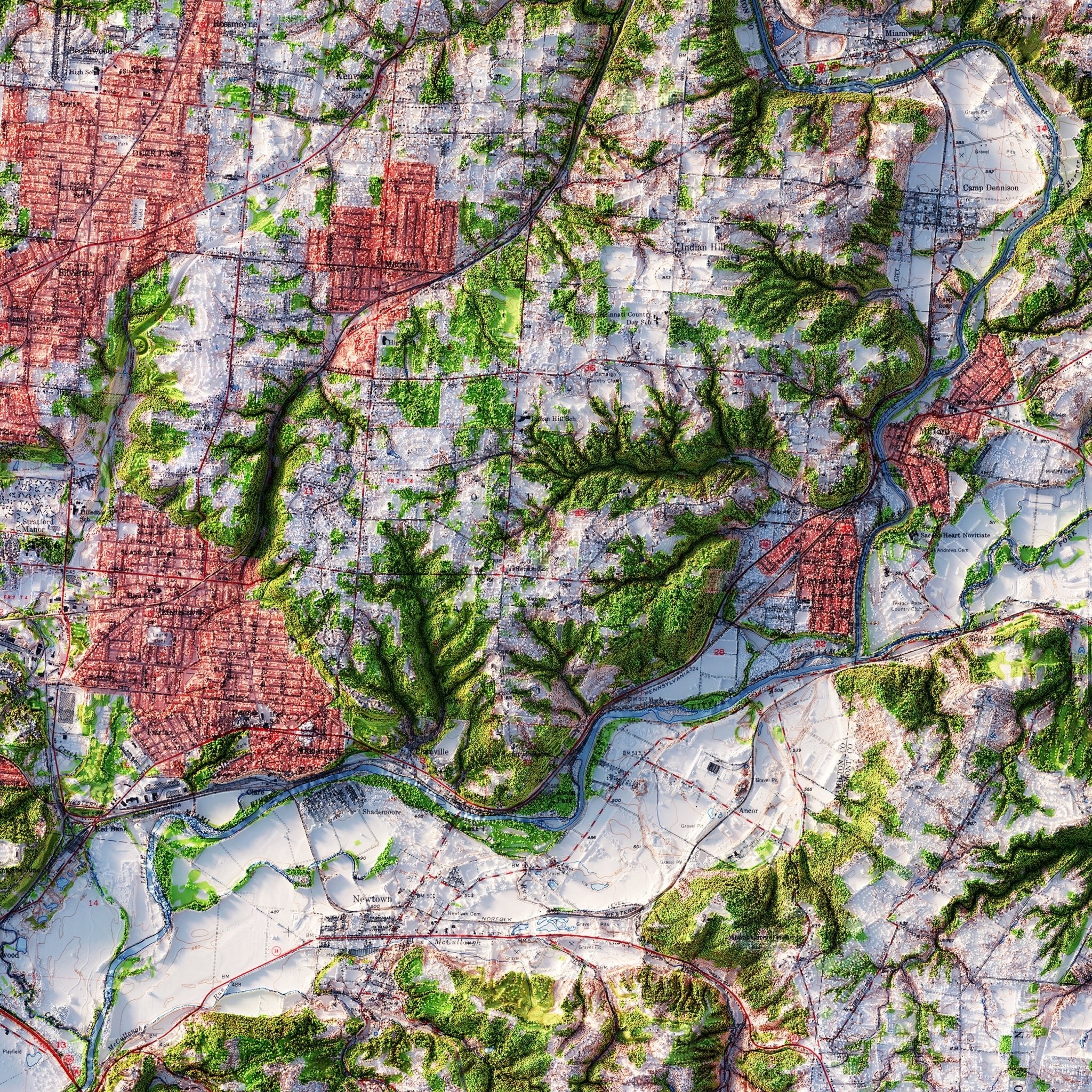 Cincinnati, Ohio 1955 Shaded Relief Map - Muir Way - Vintage Relief