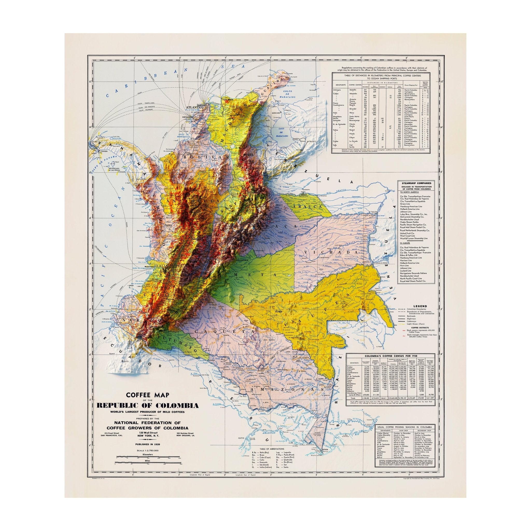 Colombia Coffee 1939 Shaded Relief Map - Muir Way - Vintage Relief