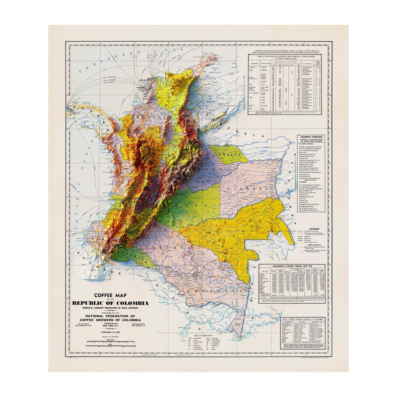 Colombia Coffee 1939 Shaded Relief Map - Muir Way - Vintage Relief