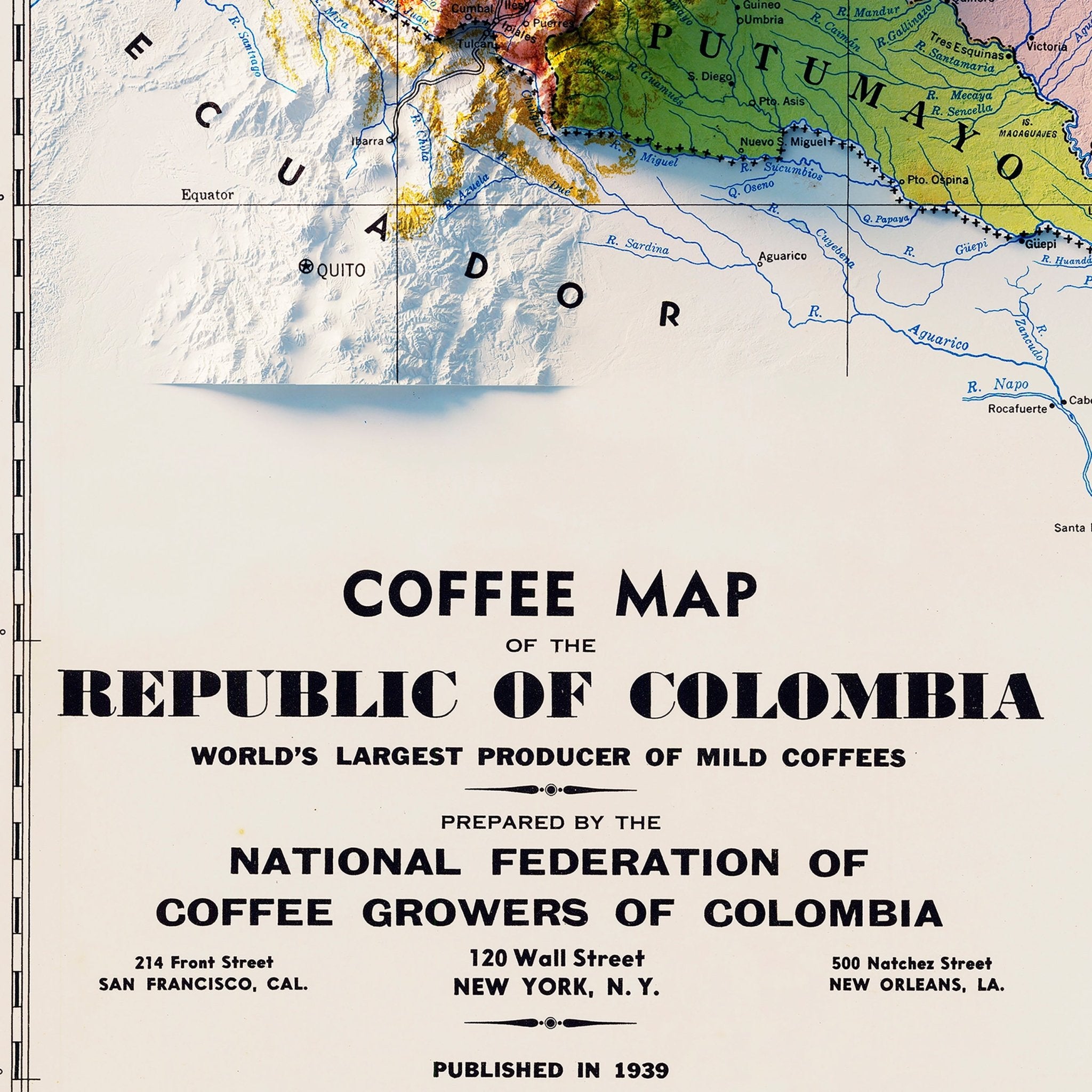 Colombia Coffee 1939 Shaded Relief Map - Muir Way - Vintage Relief