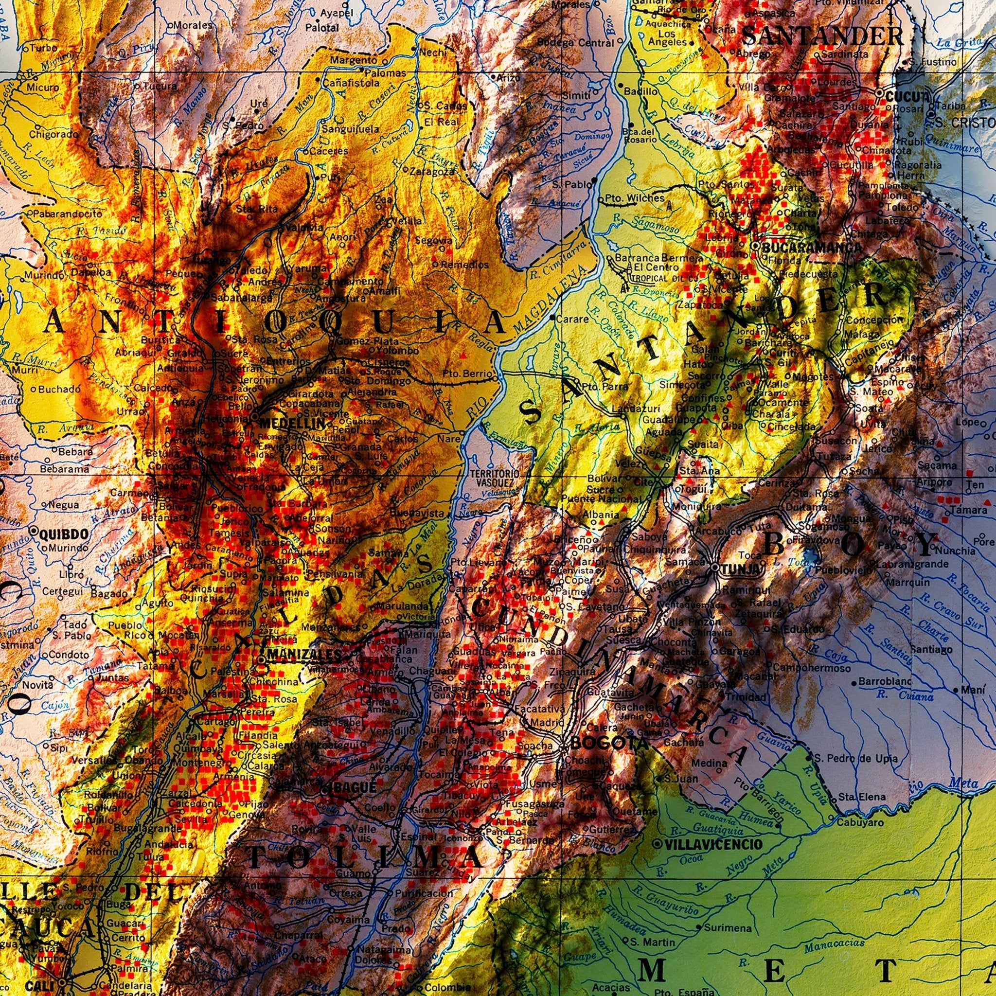 Colombia Coffee 1939 Shaded Relief Map - Muir Way - Vintage Relief