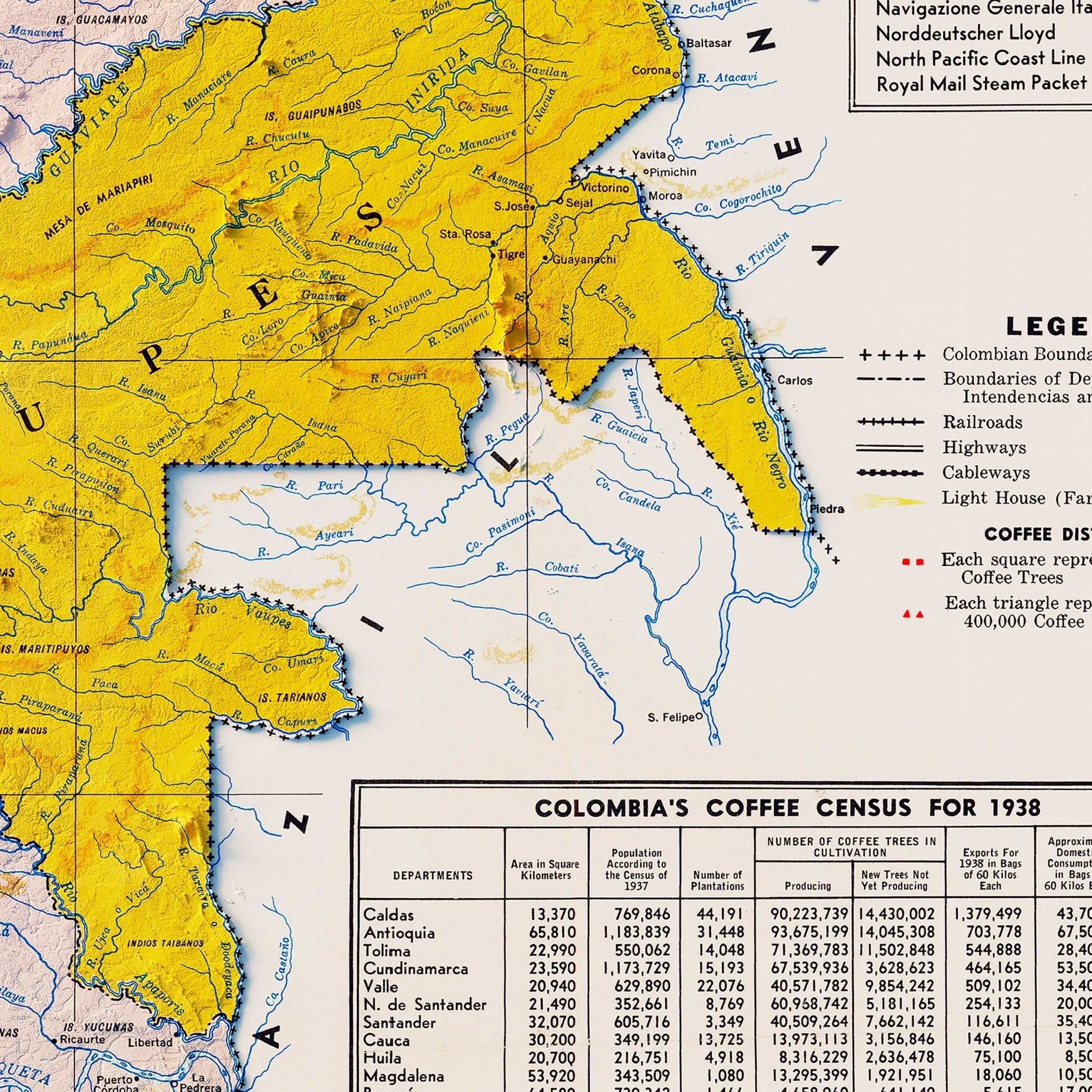 Colombia Coffee 1939 Shaded Relief Map - Muir Way - Vintage Relief