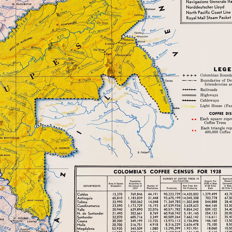 Colombia Coffee 1939 Shaded Relief Map - Muir Way - Vintage Relief