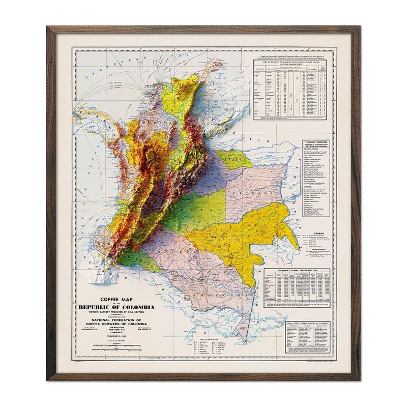 Colombia Coffee 1939 Shaded Relief Map - Muir Way - Vintage Relief
