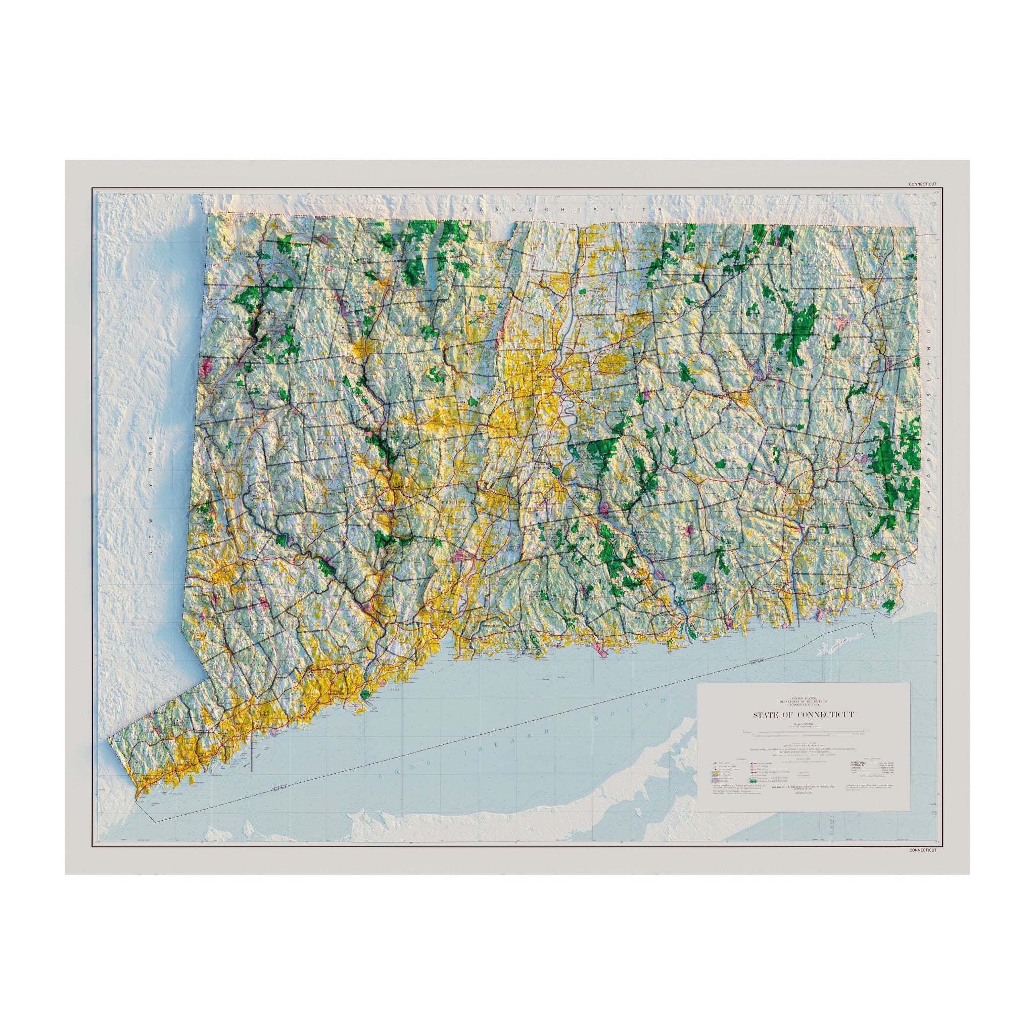 Connecticut 1974 Shaded Relief Map - Muir Way - Vintage Relief