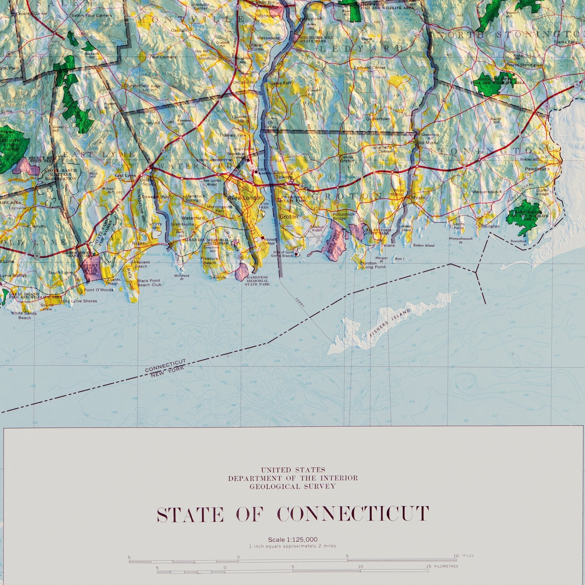 Connecticut 1974 Shaded Relief Map - Muir Way - Vintage Relief
