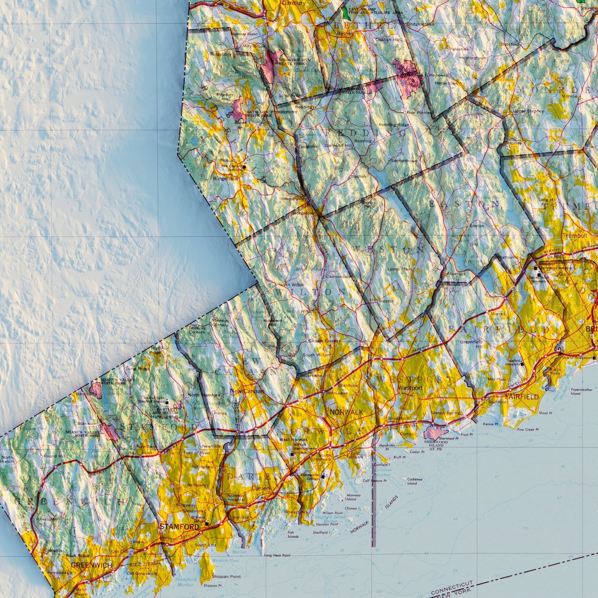 Connecticut 1974 Shaded Relief Map - Muir Way - Vintage Relief
