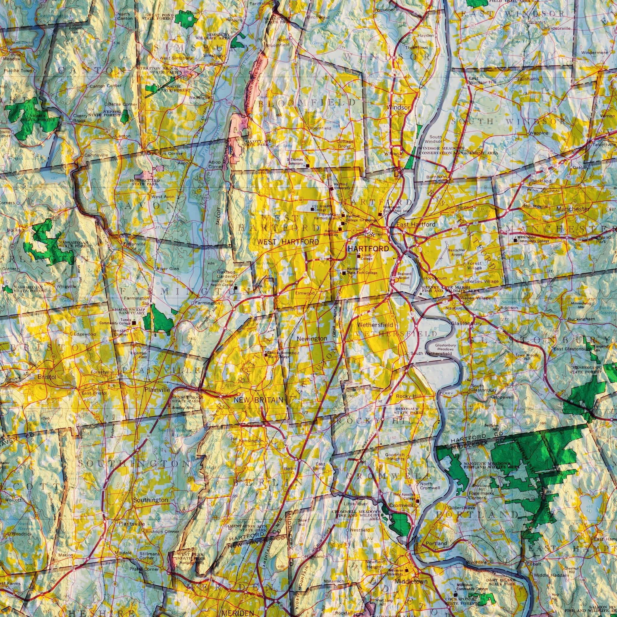 Connecticut 1974 Shaded Relief Map - Muir Way - Vintage Relief