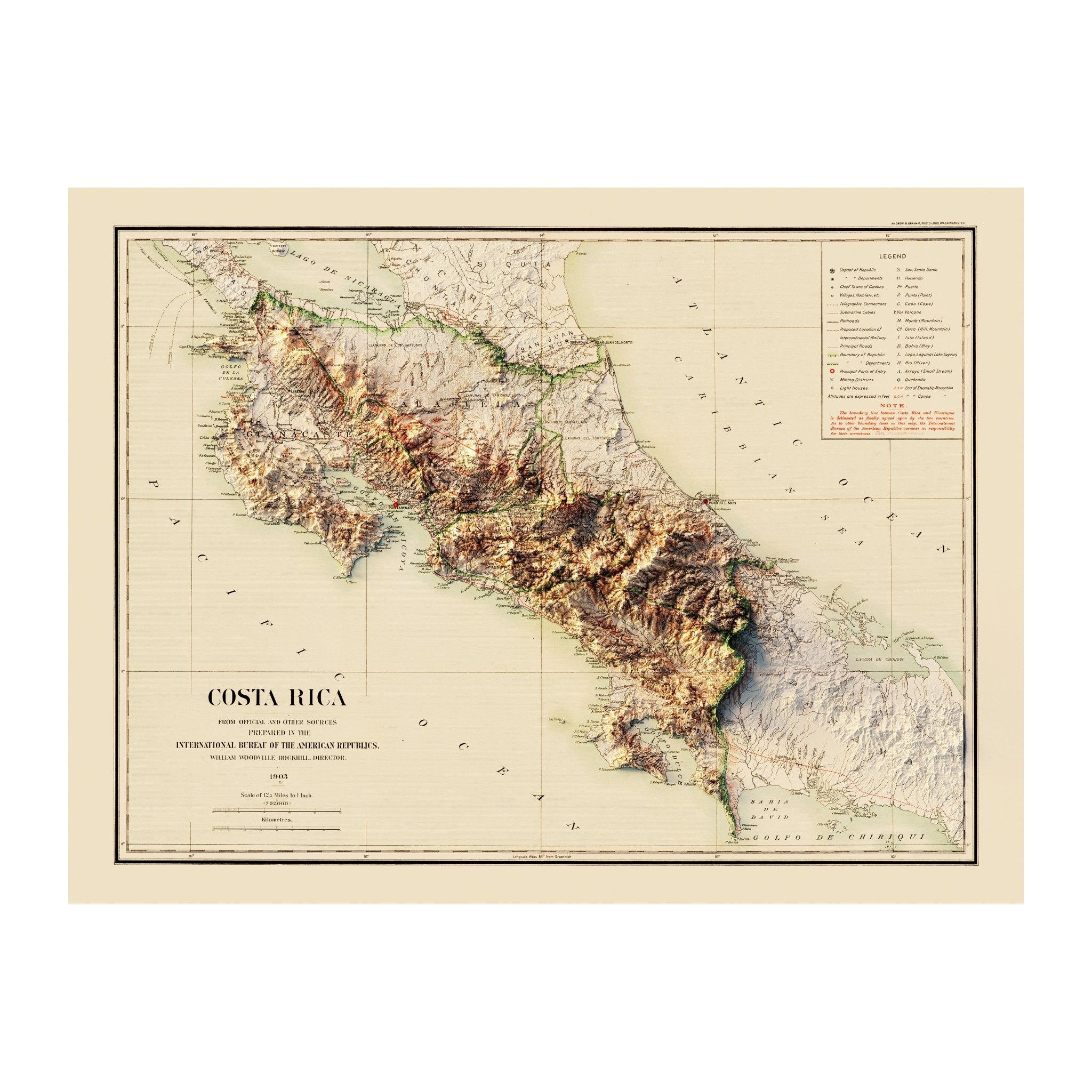 Costa Rica 1903 Shaded Relief Map - Muir Way - Vintage Relief