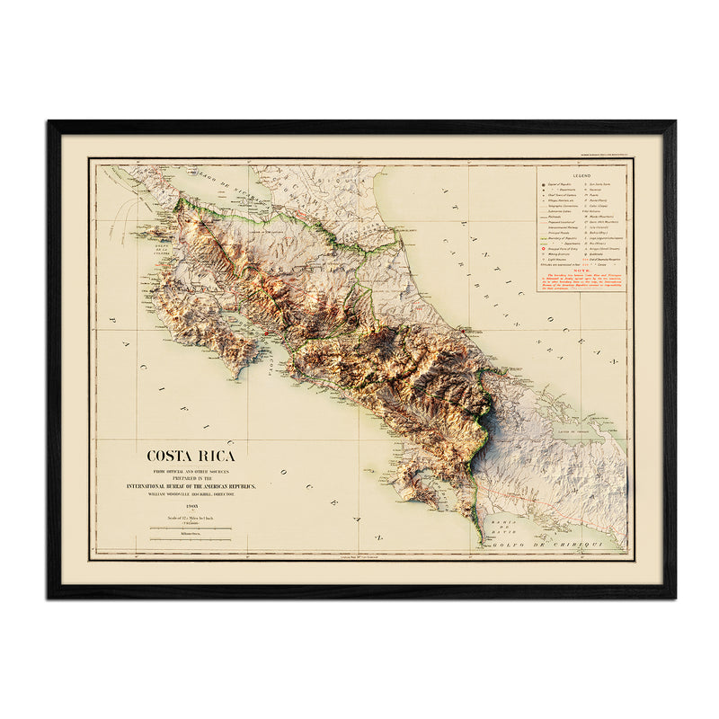 Costa Rica 1903 Shaded Relief Map - Muir Way - Vintage Relief