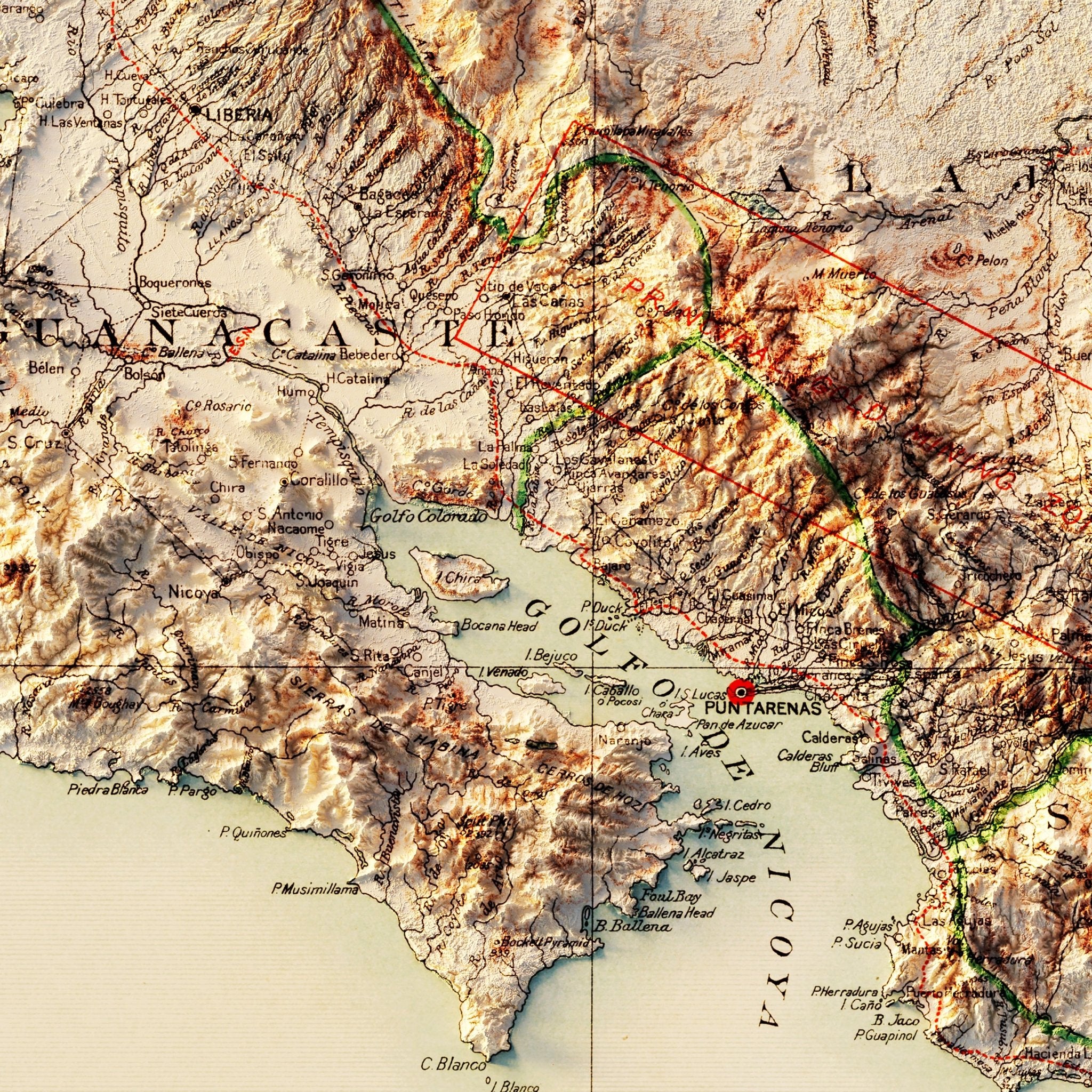 Costa Rica 1903 Shaded Relief Map - Muir Way - Vintage Relief