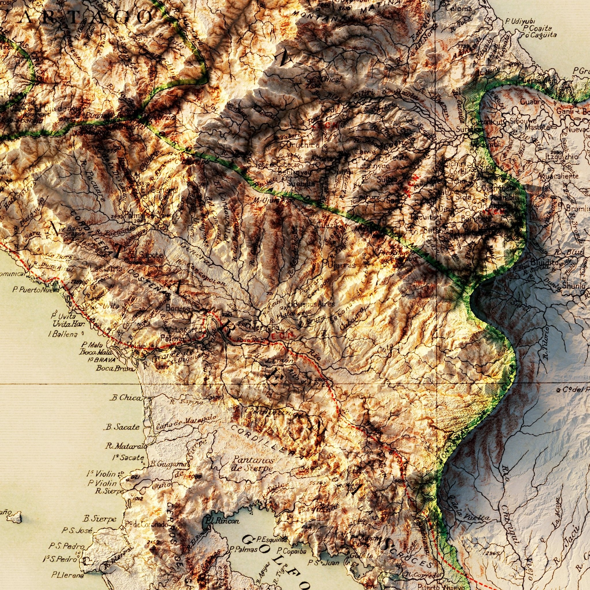 Costa Rica 1903 Shaded Relief Map - Muir Way - Vintage Relief