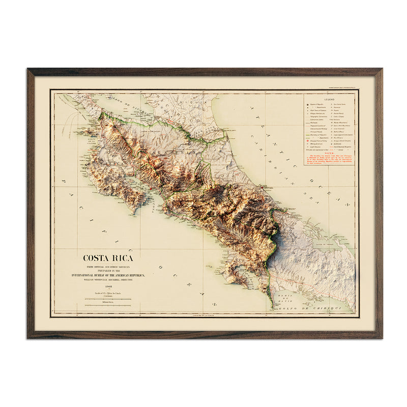 Costa Rica 1903 Shaded Relief Map - Muir Way - Vintage Relief