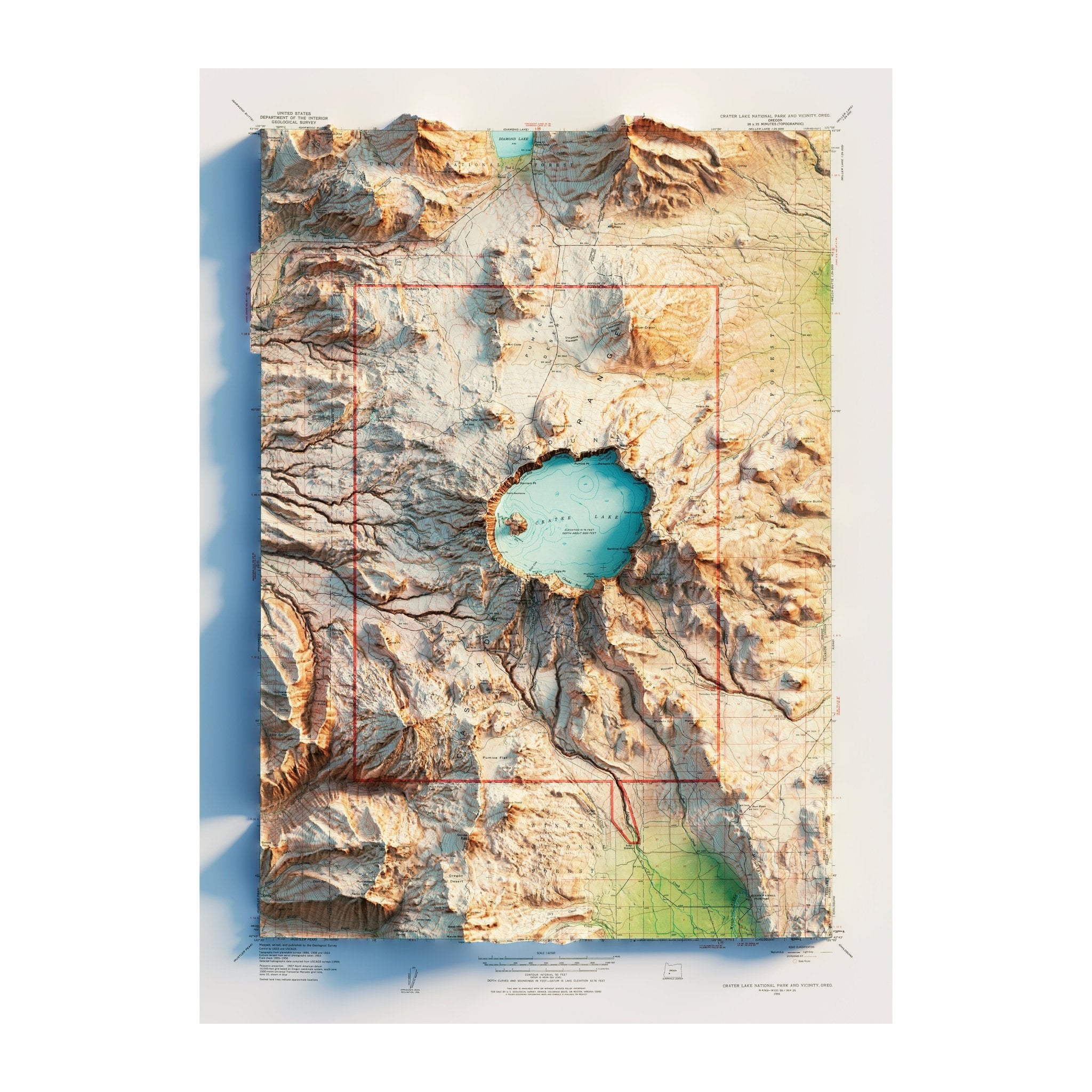 Crater Lake 1956 Shaded Relief Map - Muir Way - Vintage Relief