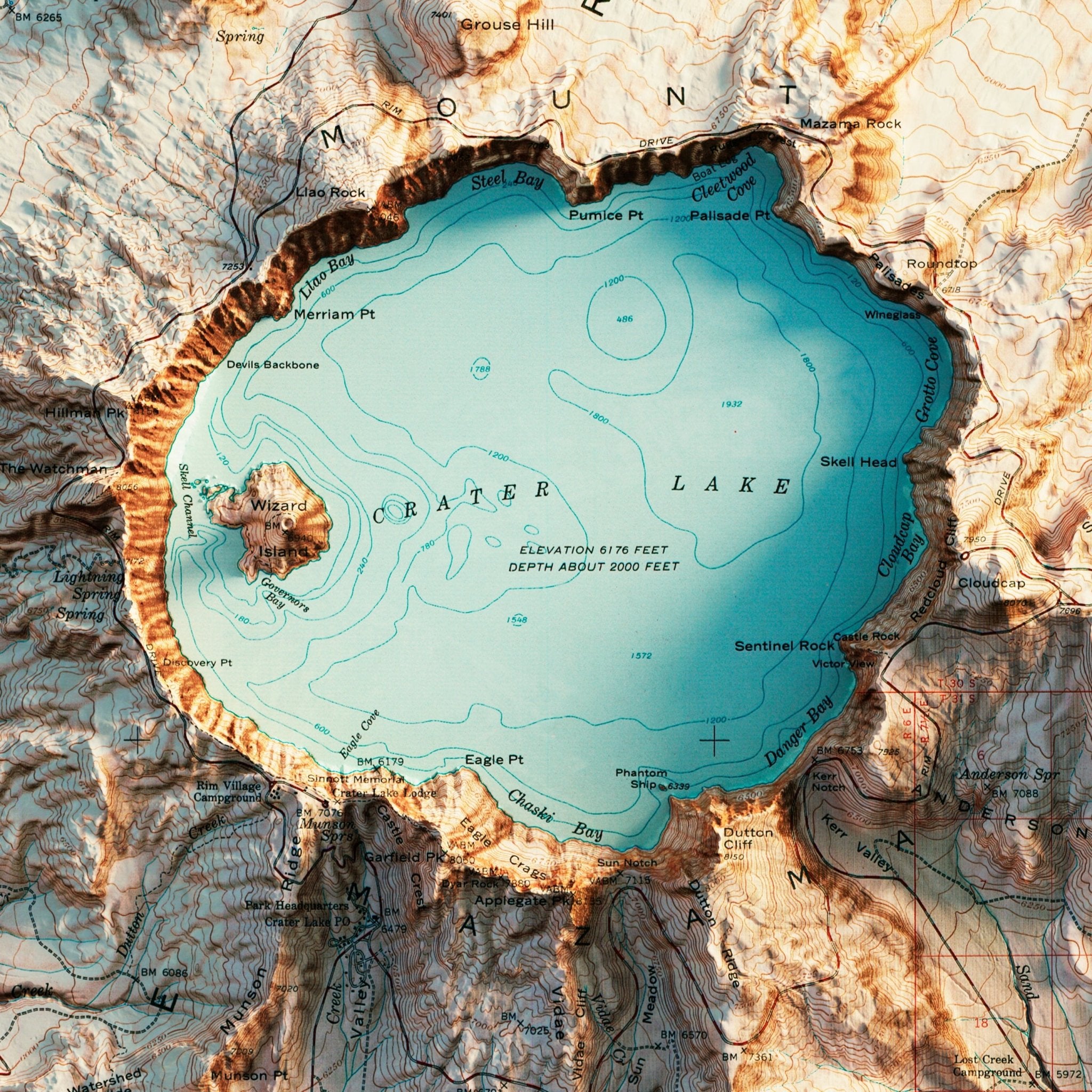 Crater Lake 1956 Shaded Relief Map - Muir Way - Vintage Relief