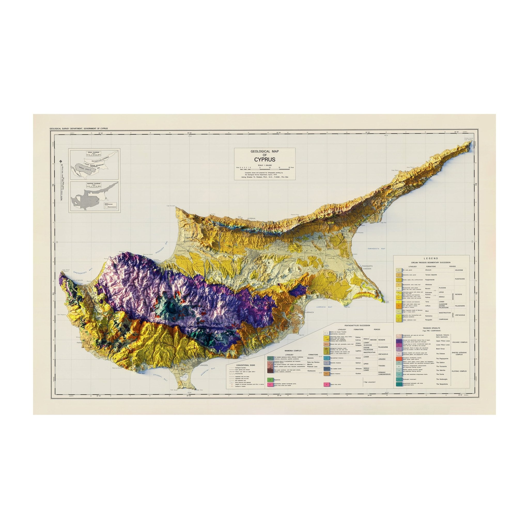 Cyprus 1979 Shaded Relief Map - Muir Way - Vintage Relief