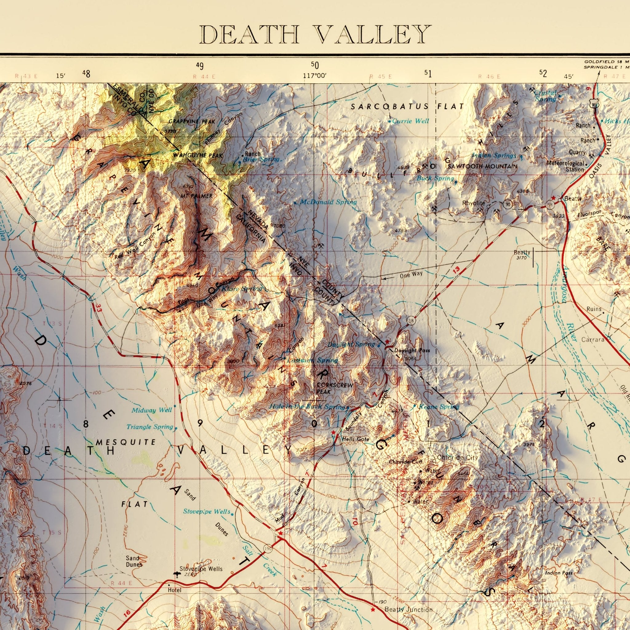 Death Valley National Park 1954 Shaded Relief Map - Muir Way - Vintage Relief
