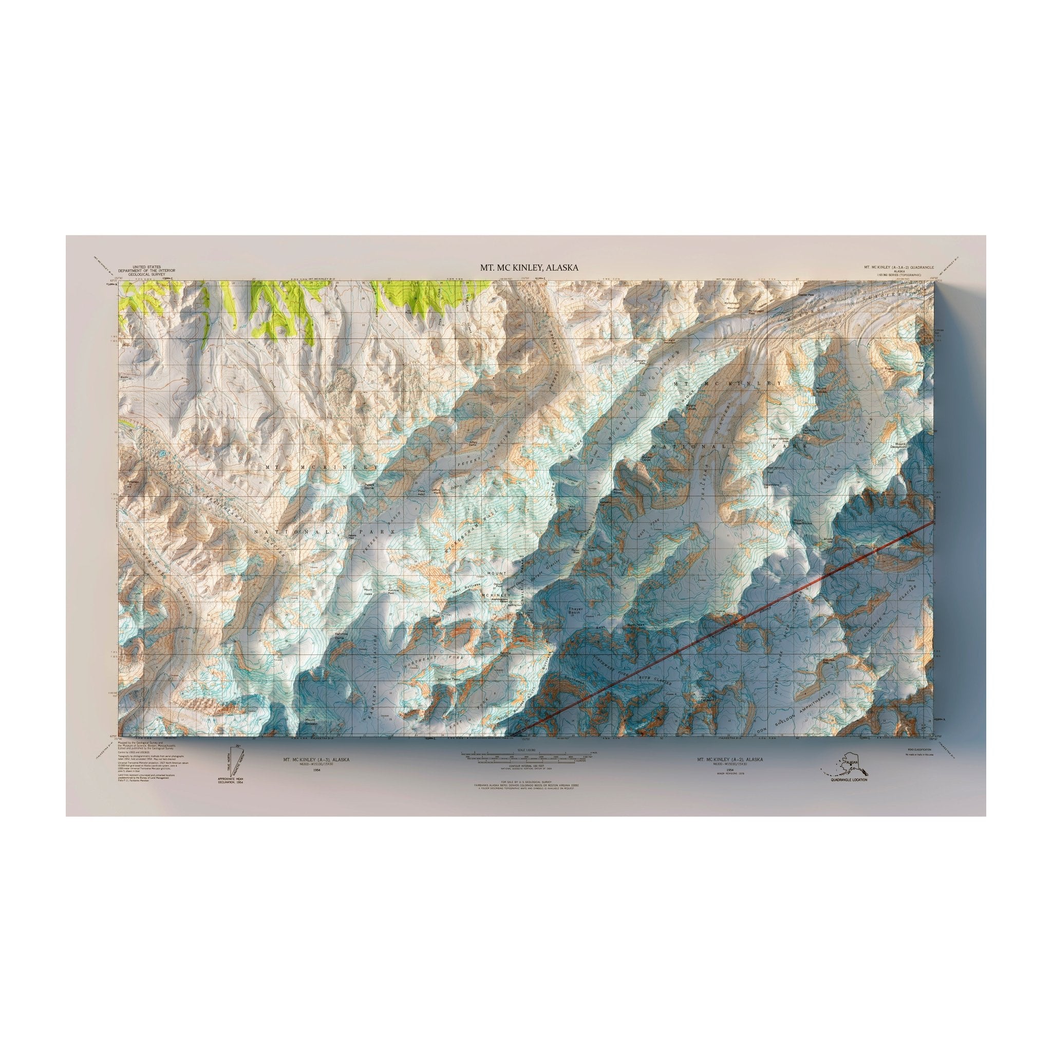 Denali, AK 1954 Shaded Relief Map - Muir Way - Vintage Relief