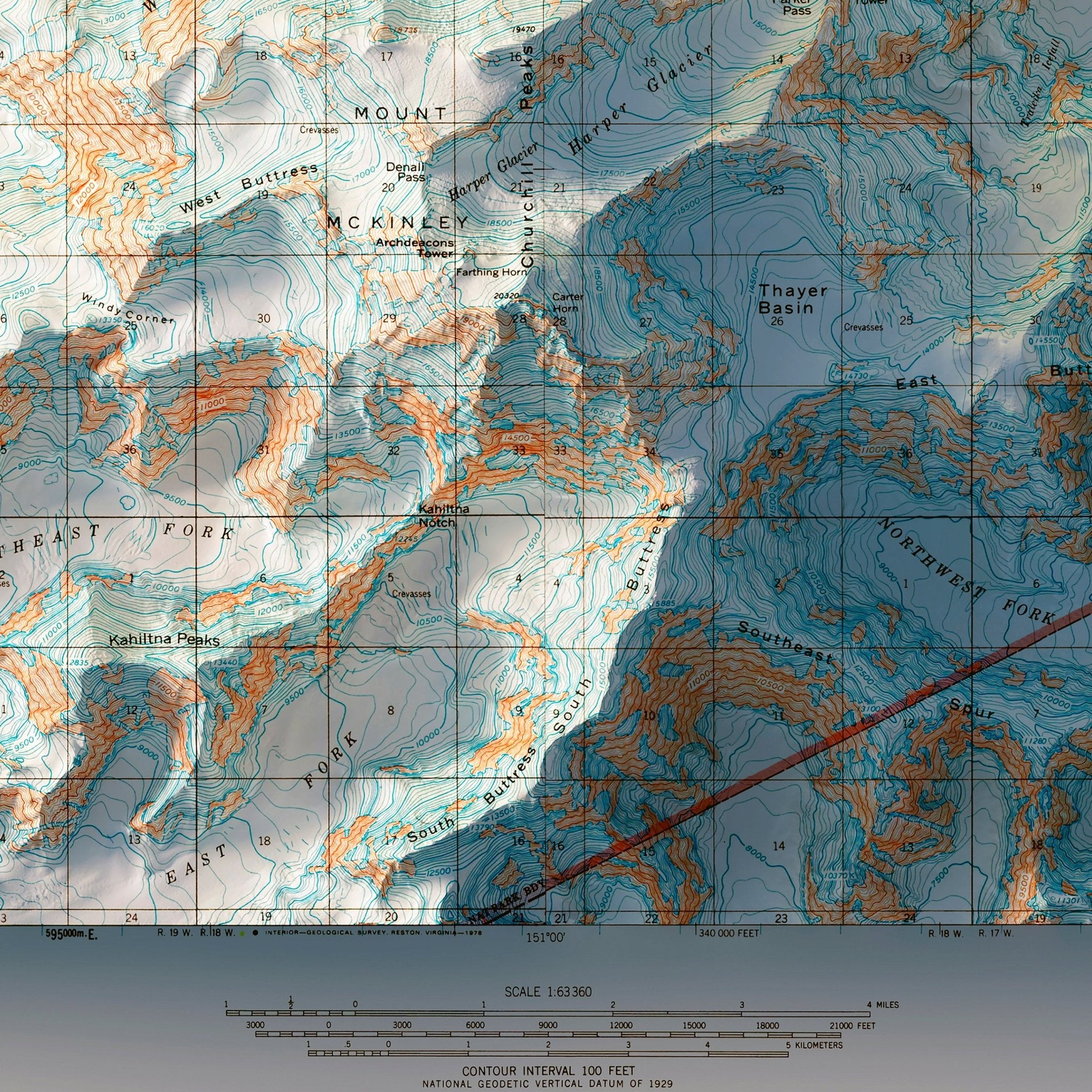 Denali, AK 1954 Shaded Relief Map - Muir Way - Vintage Relief