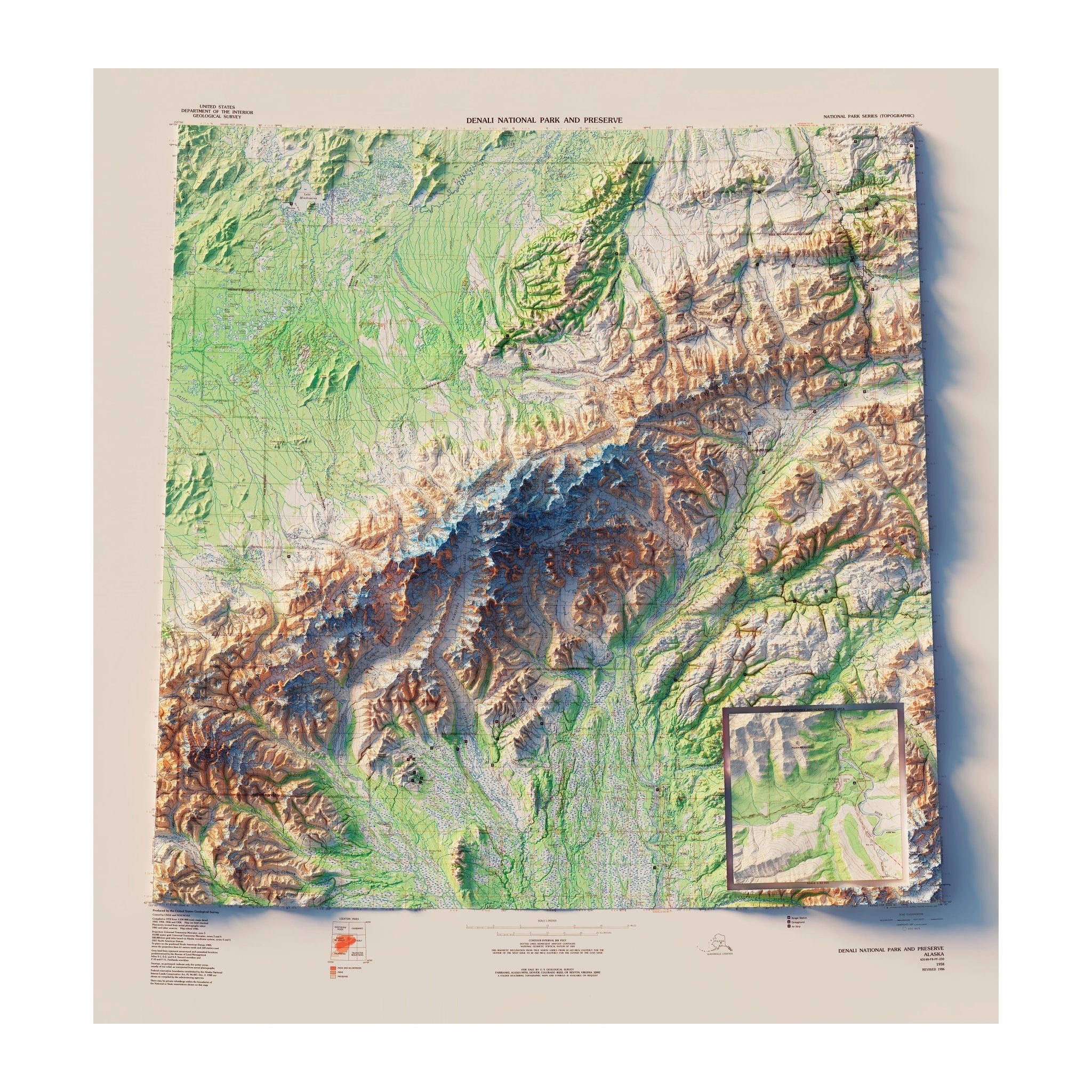 Denali National Park 1986 Shaded Relief Map - Muir Way - Vintage Relief