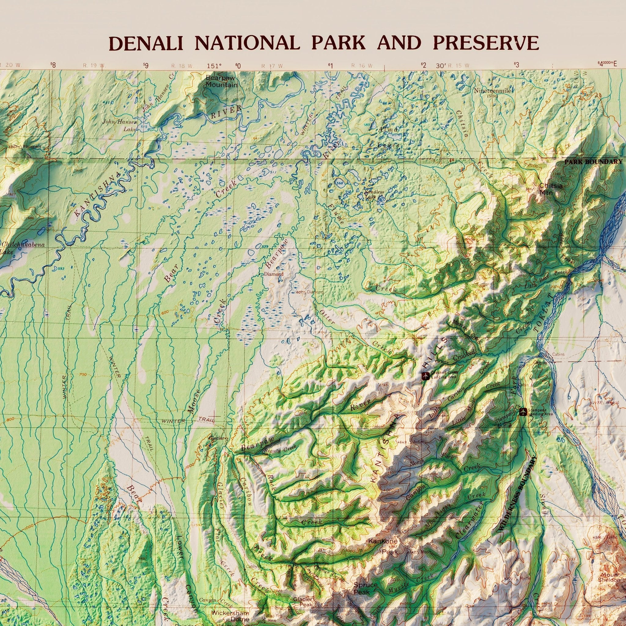 Denali National Park 1986 Shaded Relief Map - Muir Way - Vintage Relief