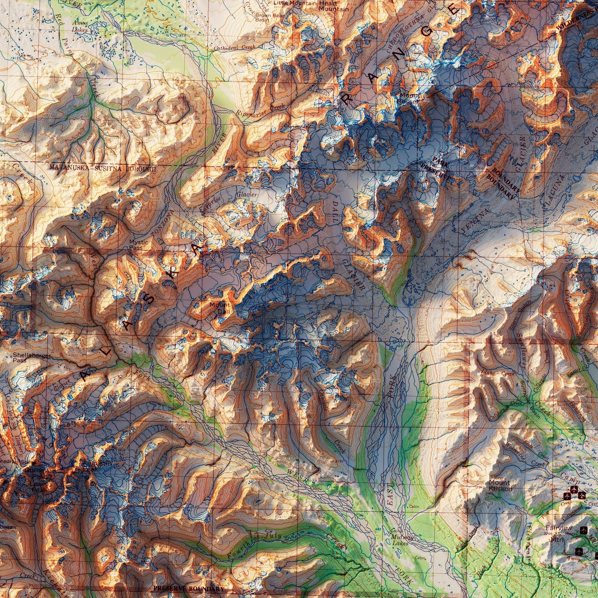 Denali National Park 1986 Shaded Relief Map - Muir Way - Vintage Relief