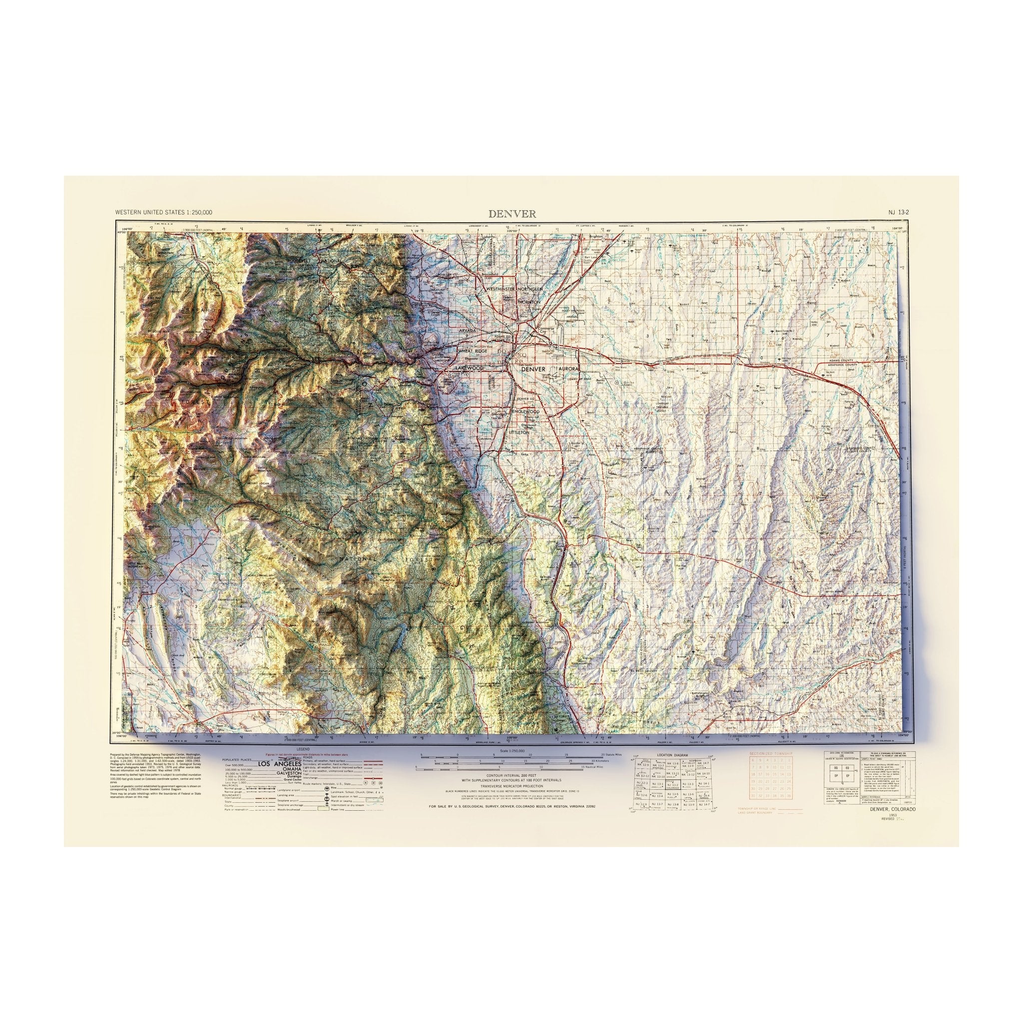 Denver, CO 1953 Shaded Relief Map - Muir Way - Vintage Relief
