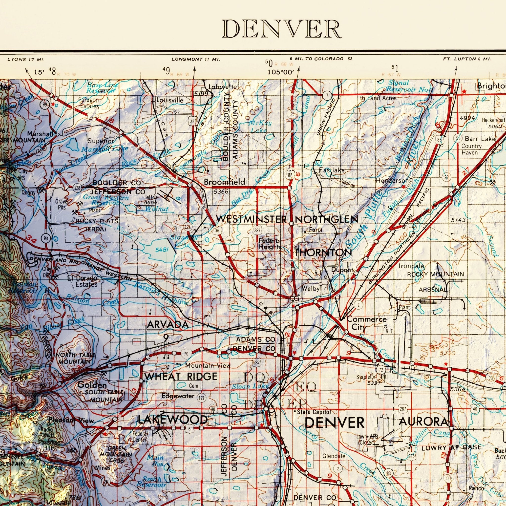 Denver, CO 1953 Shaded Relief Map - Muir Way - Vintage Relief