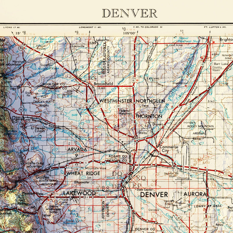Denver, CO 1953 Shaded Relief Map - Muir Way - Vintage Relief