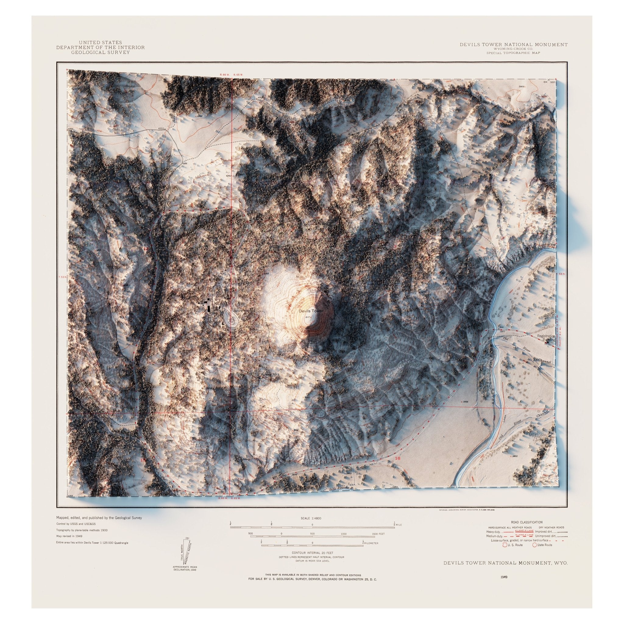 Devils Tower 1954 Shaded Relief Map - Muir Way - Vintage Relief