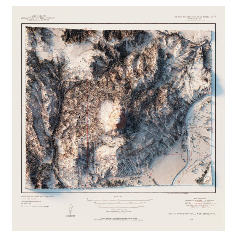 Devils Tower 1954 Shaded Relief Map - Muir Way - Vintage Relief