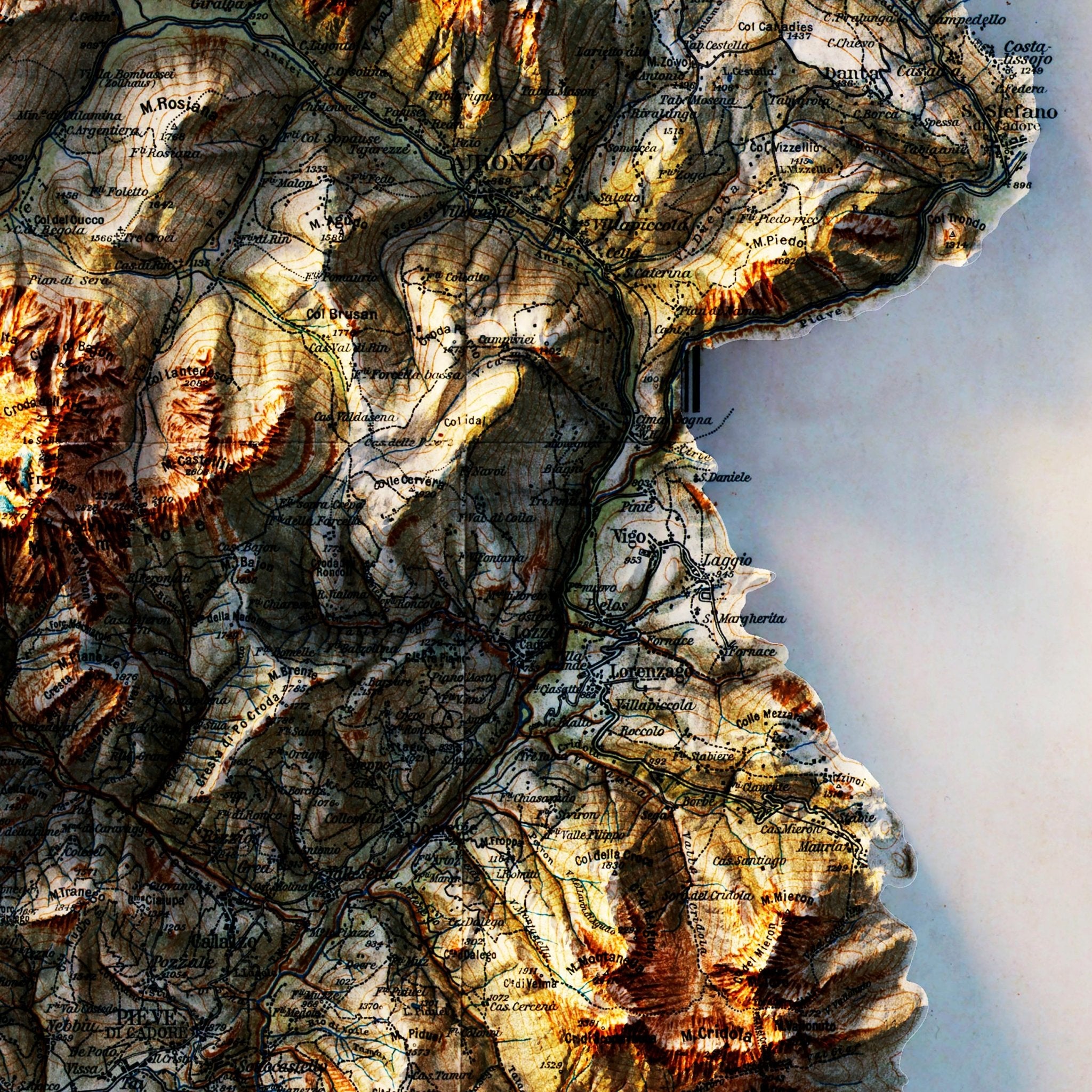 Dolomites 1904 Shaded Relief Map - Muir Way - Vintage Relief