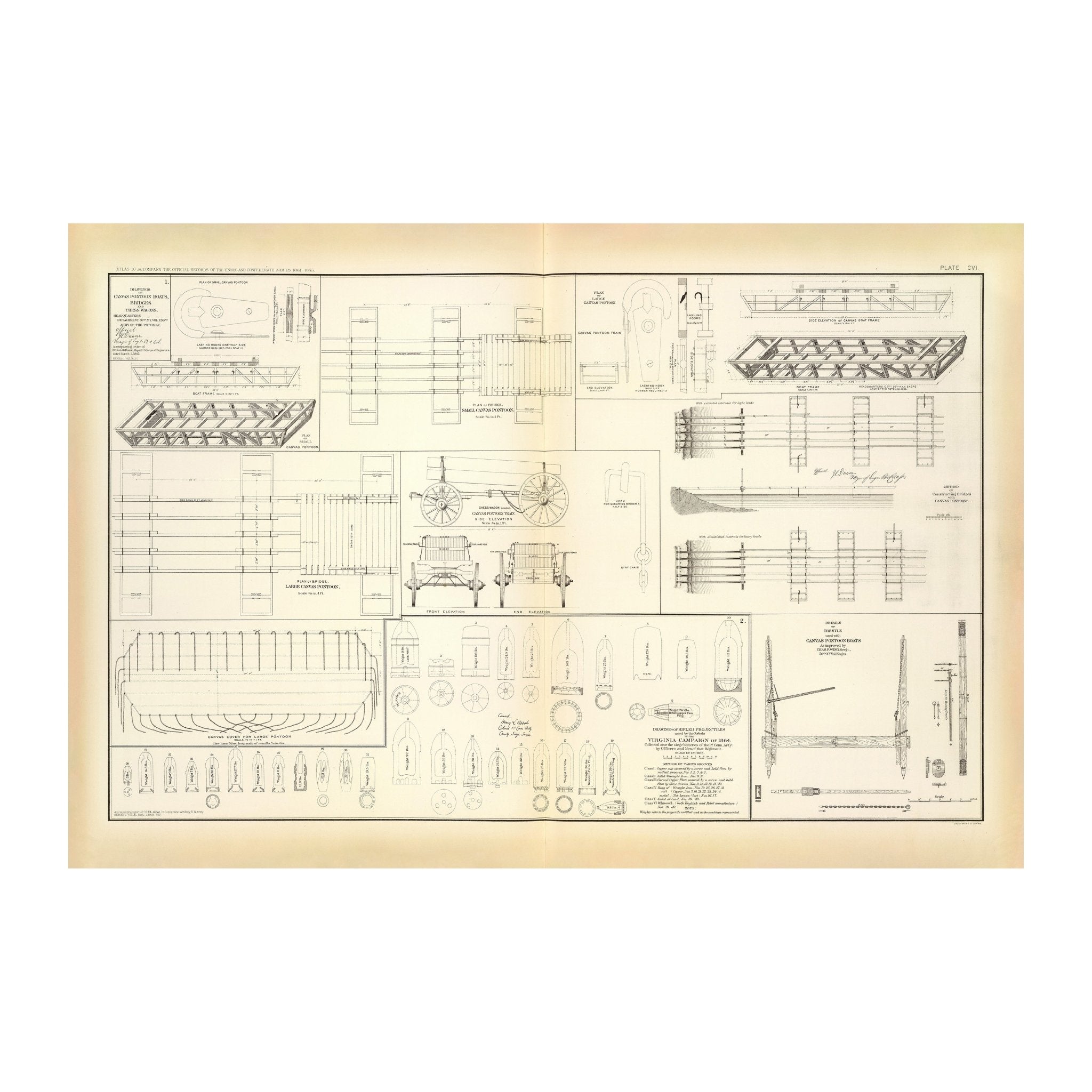 Drawings of Boats, Bridges, Wagons and Projectiles - Muir Way - Vintage Map