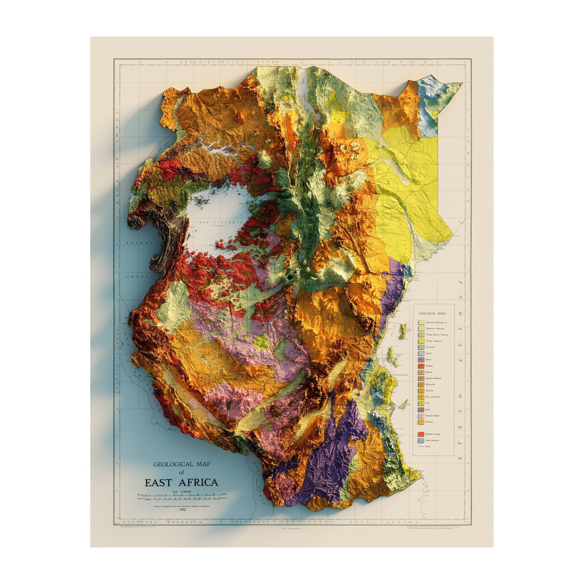 East Africa 1952 Shaded Relief Map - Muir Way - Vintage Relief