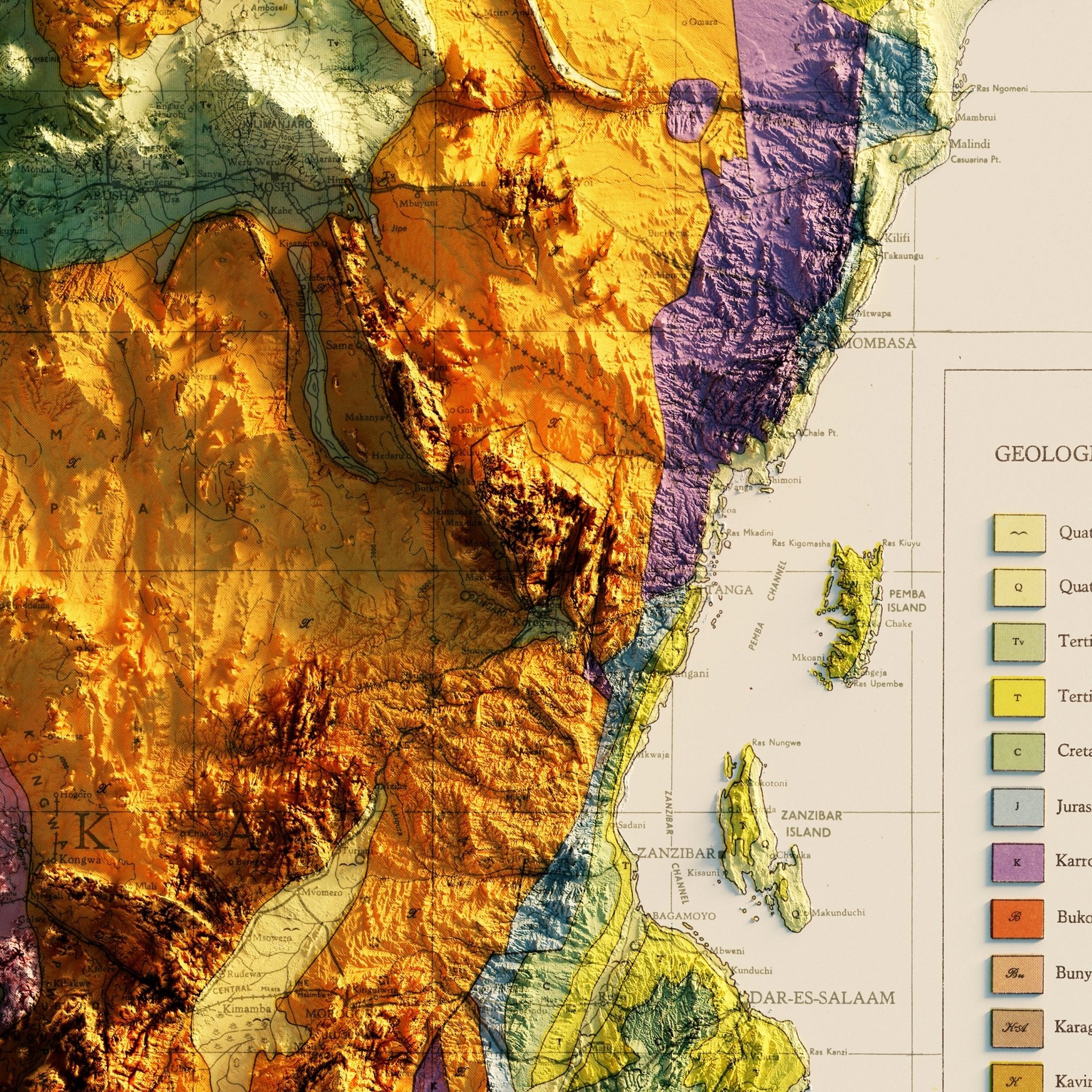 East Africa 1952 Shaded Relief Map - Muir Way - Vintage Relief