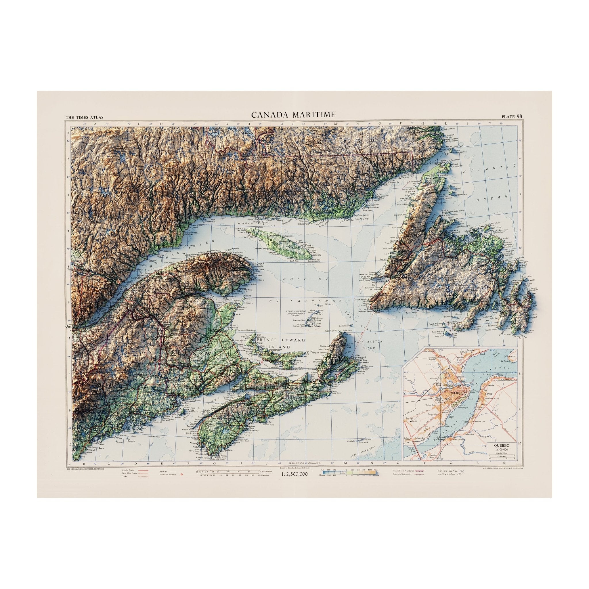 Eastern Canada 1959 Shaded Relief Map - Muir Way - Vintage Relief
