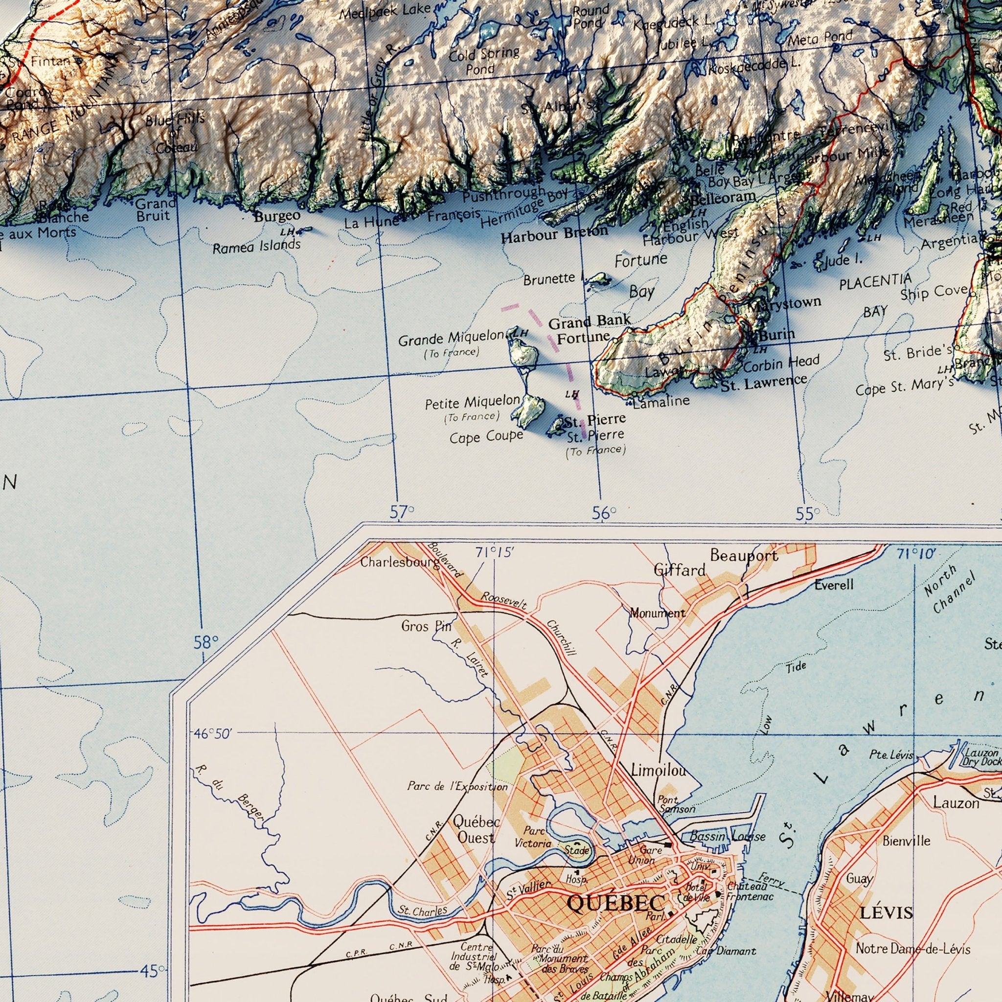Eastern Canada 1959 Shaded Relief Map - Muir Way - Vintage Relief