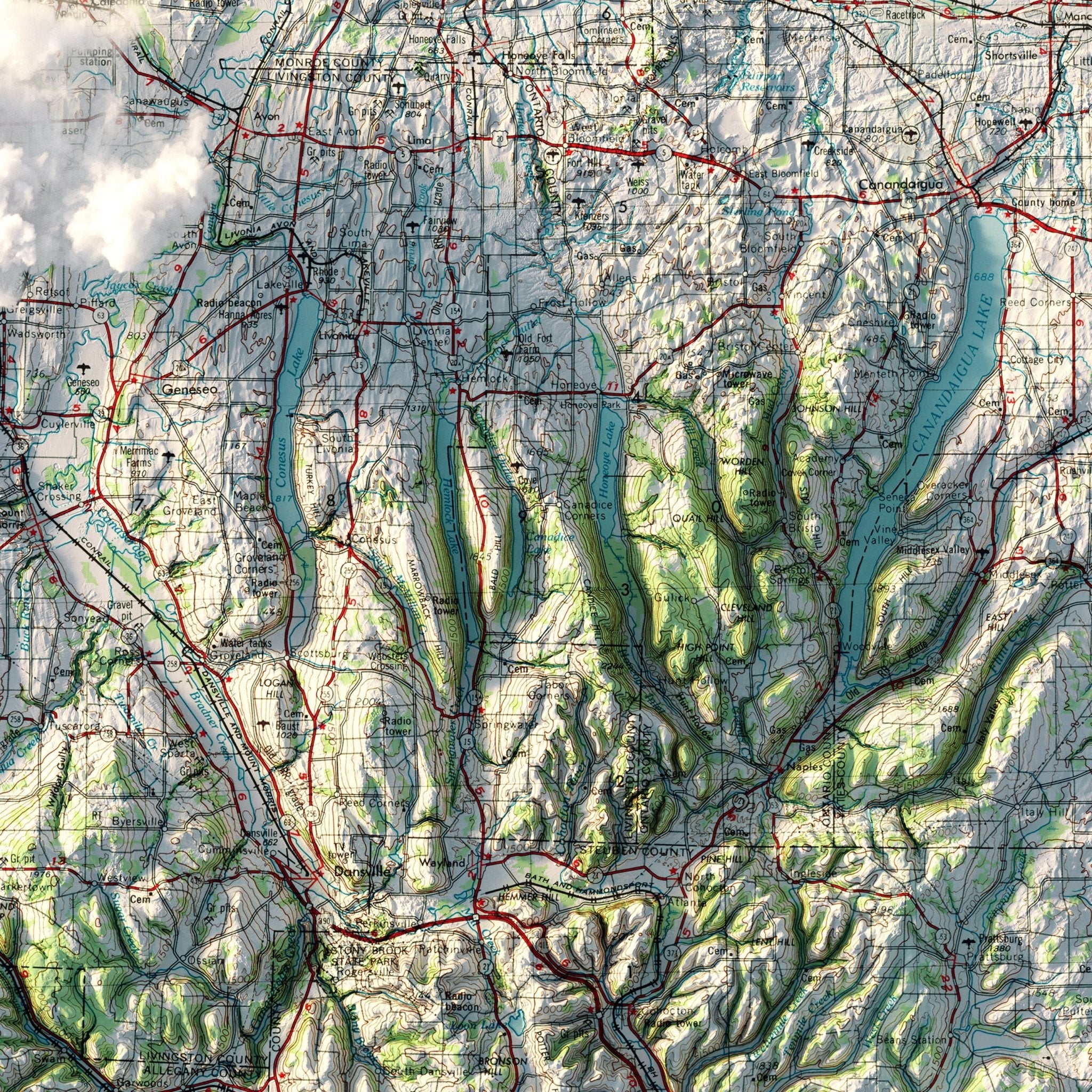 Finger Lakes, New York 1962 Shaded Relief Map - Muir Way - Vintage Relief