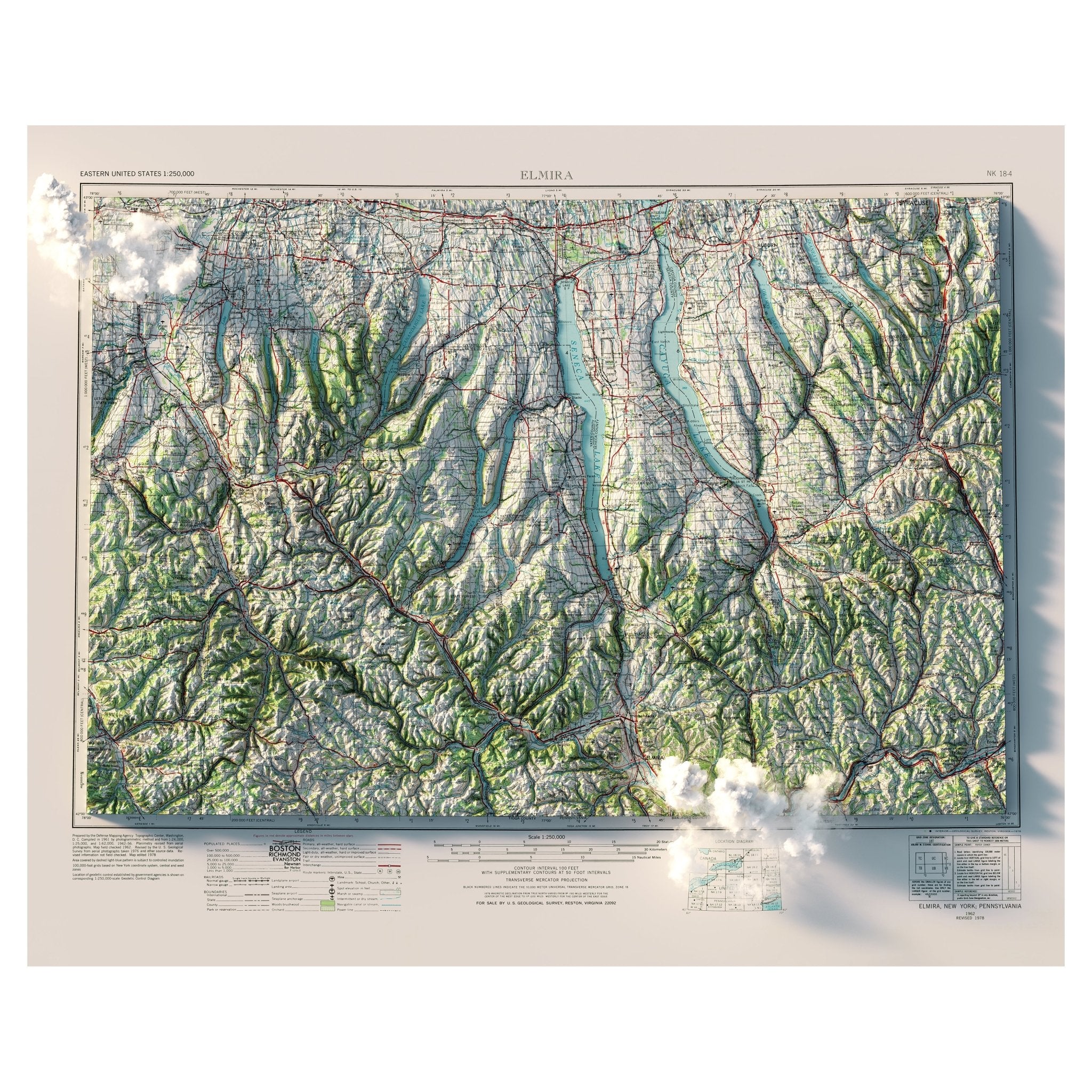 Finger Lakes, New York 1962 Shaded Relief Map - Muir Way - Vintage Relief