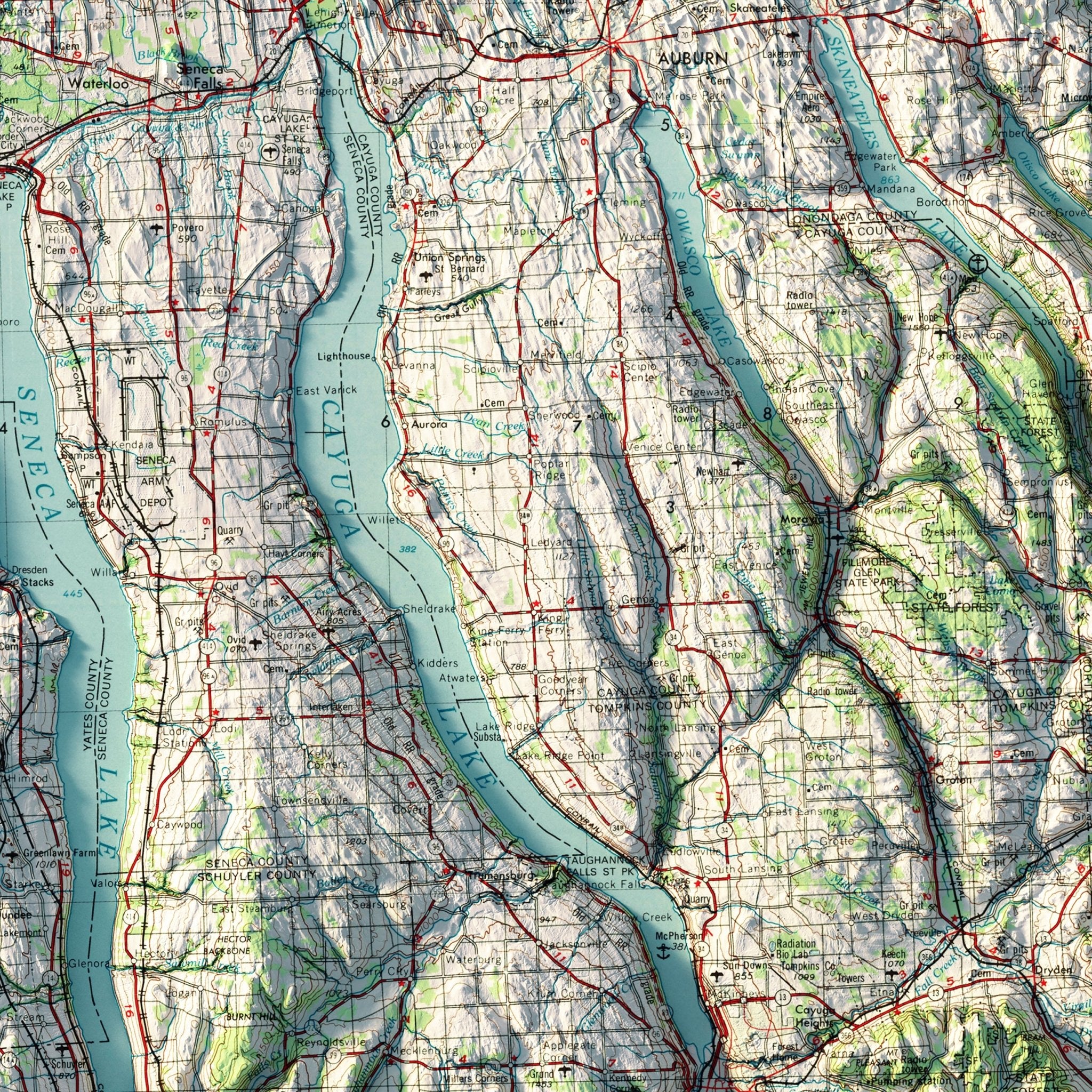 Finger Lakes, New York 1962 Shaded Relief Map - Muir Way - Vintage Relief