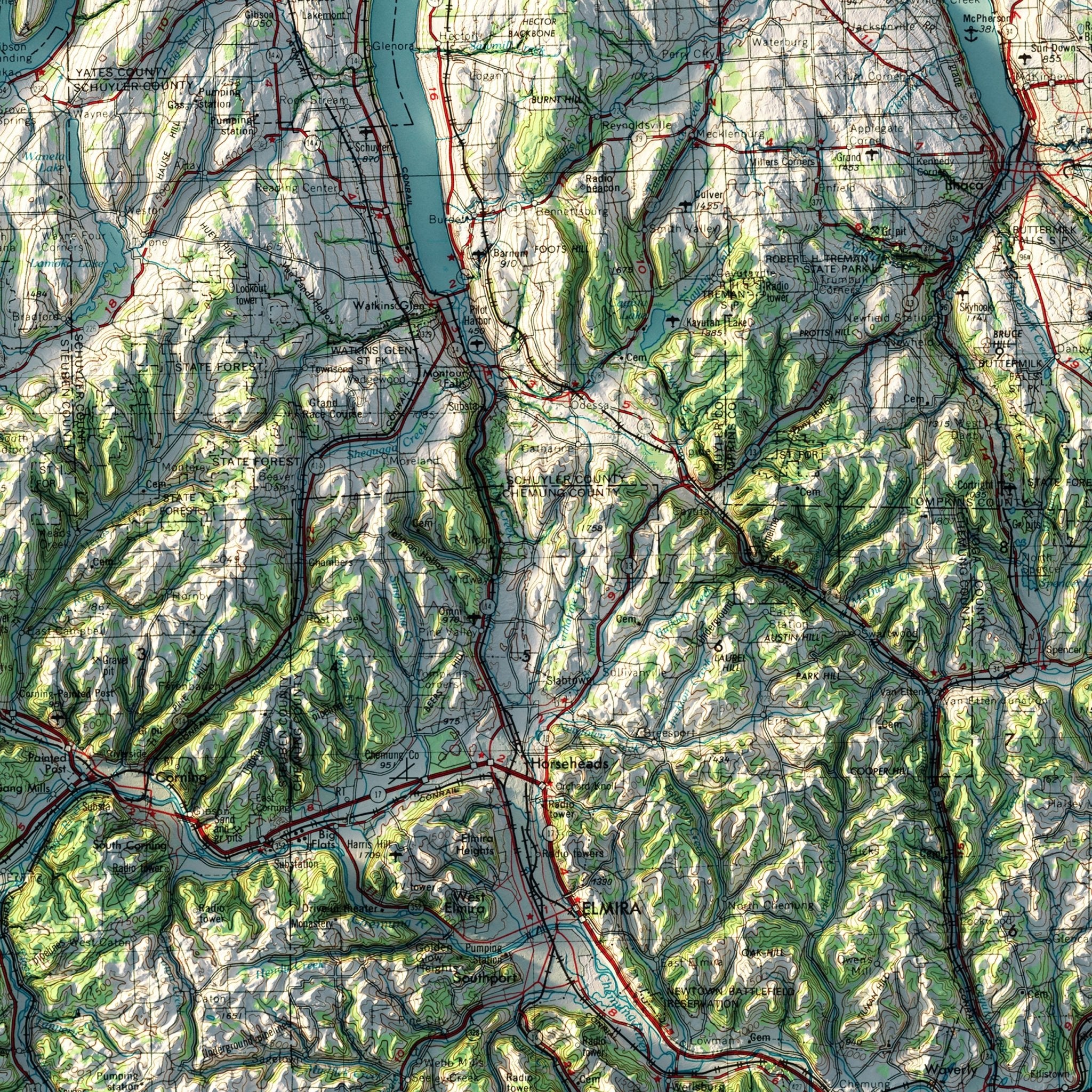 Finger Lakes, New York 1962 Shaded Relief Map - Muir Way - Vintage Relief