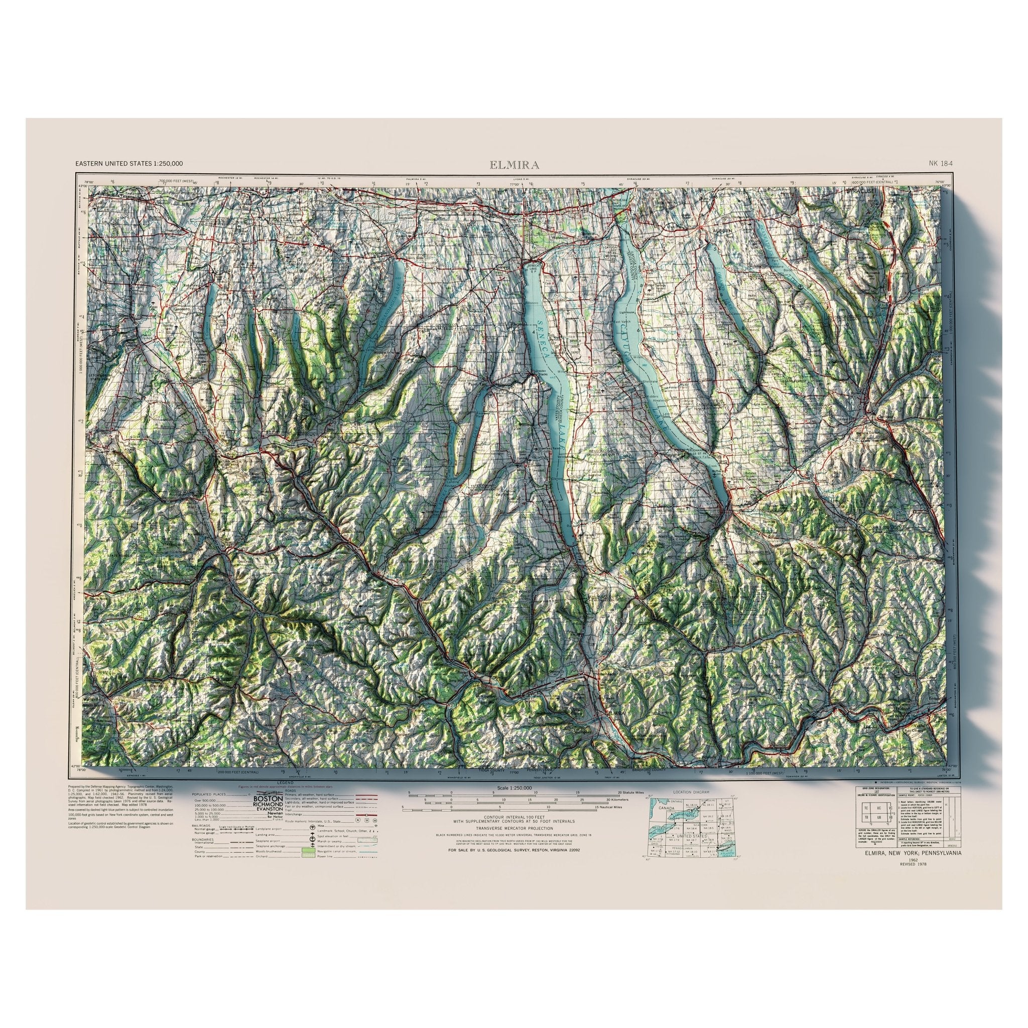 Finger Lakes, New York 1962 Shaded Relief Map - Muir Way - Vintage Relief