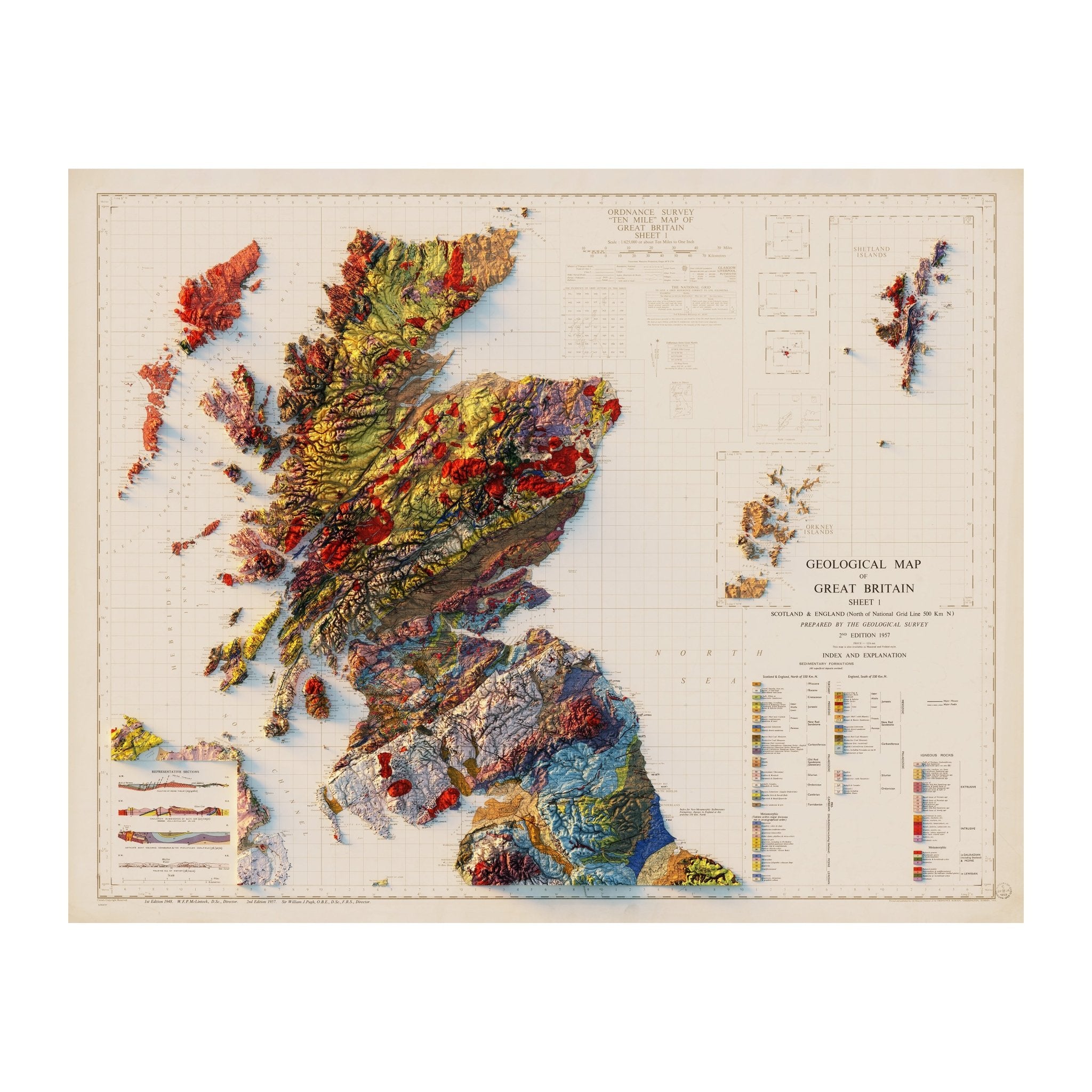 England and Scotland 1957 Shaded Relief Map - Muir Way - Vintage Relief