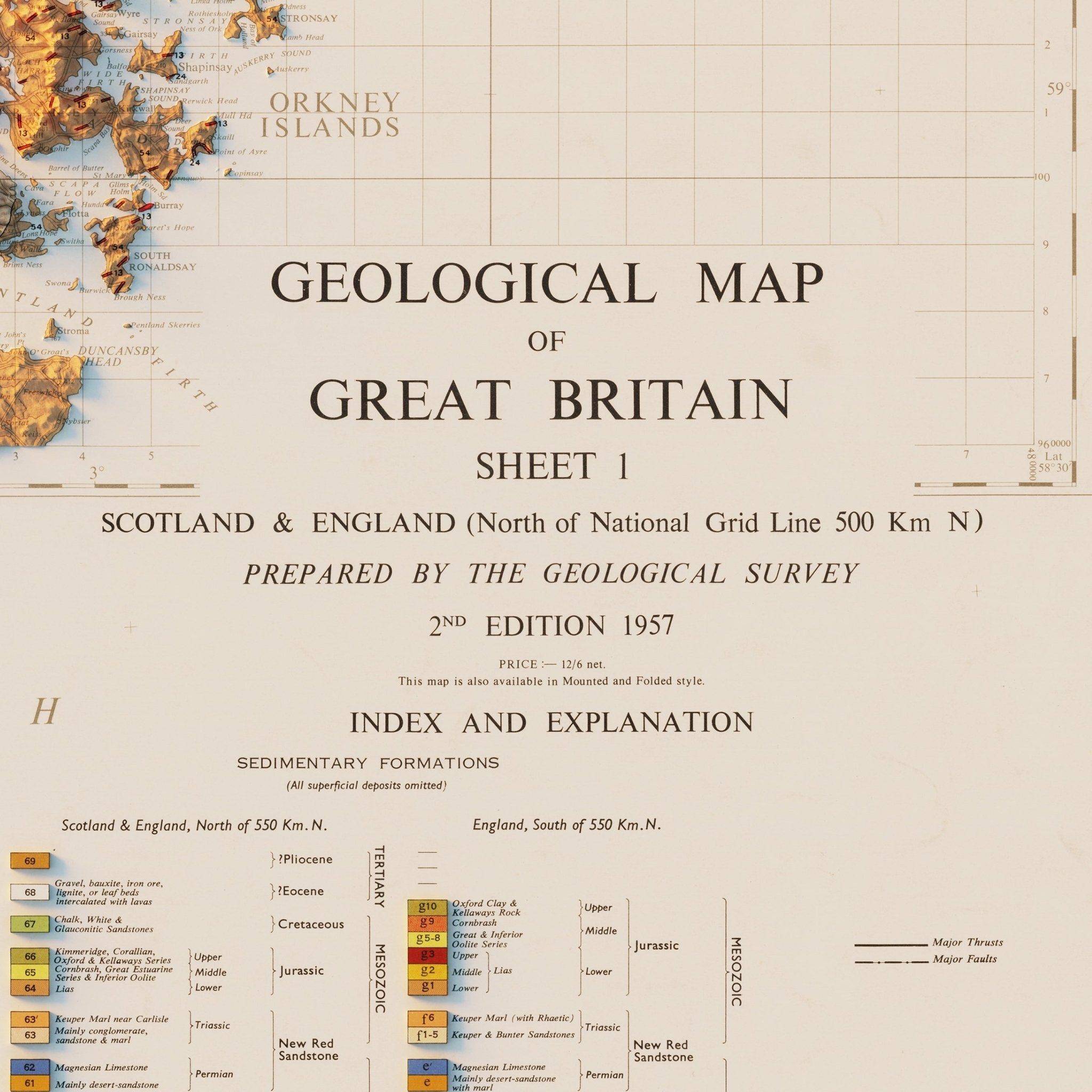 England and Scotland 1957 Shaded Relief Map - Muir Way - Vintage Relief
